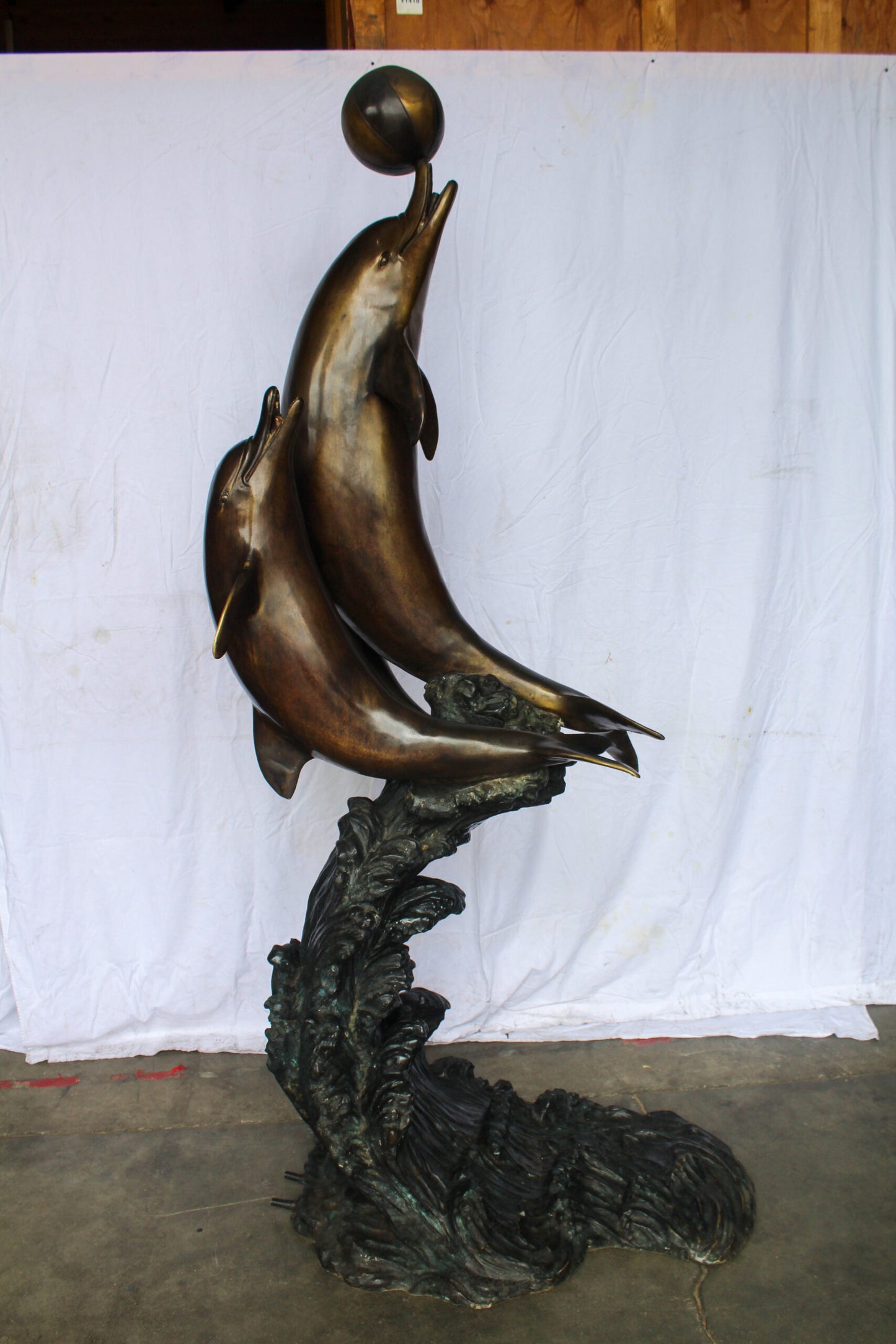 Three Dolphins Performing with Beach Ball Giant Bronze Fountain 41" x 27" x 91"H