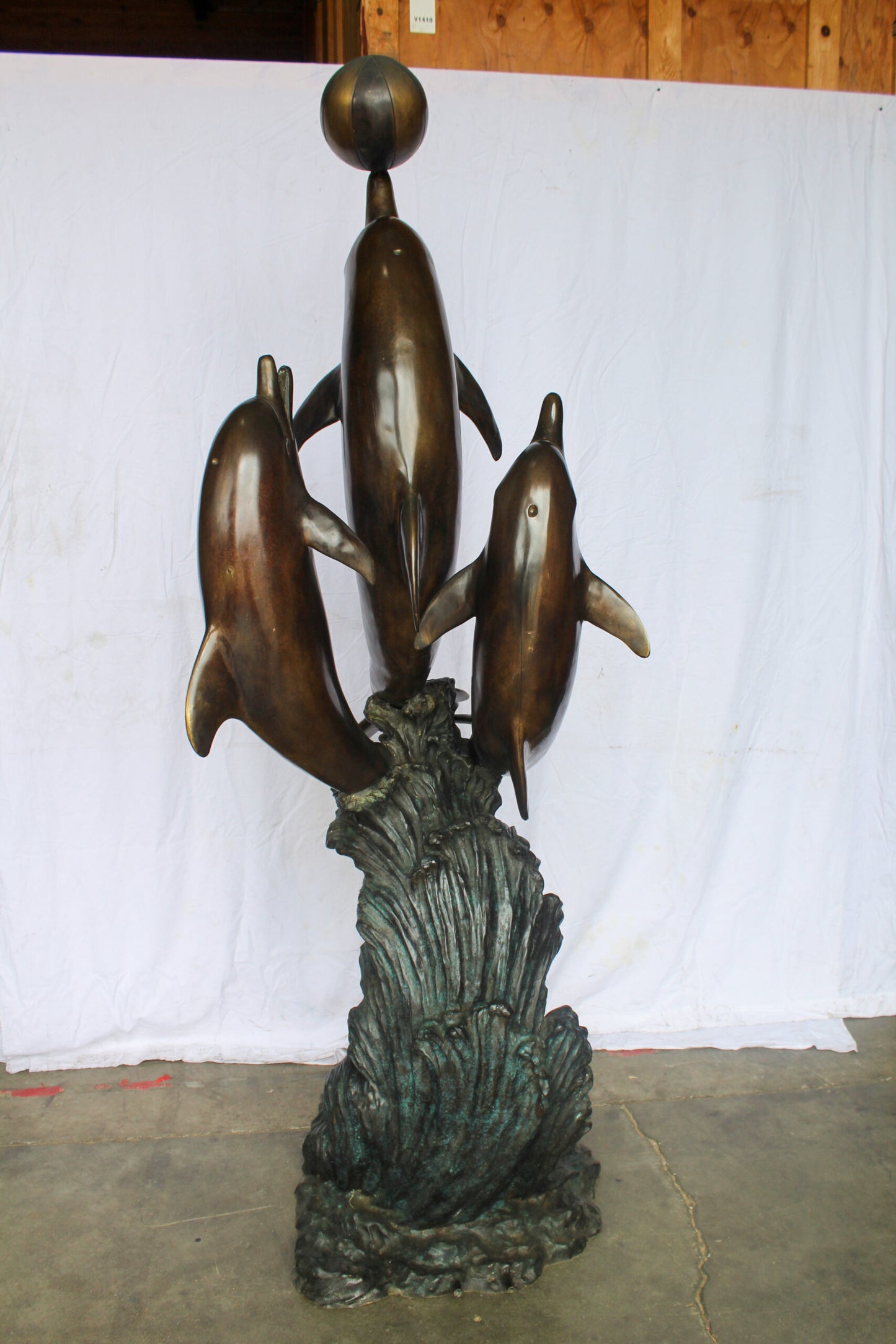 Three Dolphins Performing with Beach Ball Giant Bronze Fountain 41" x 27" x 91"H