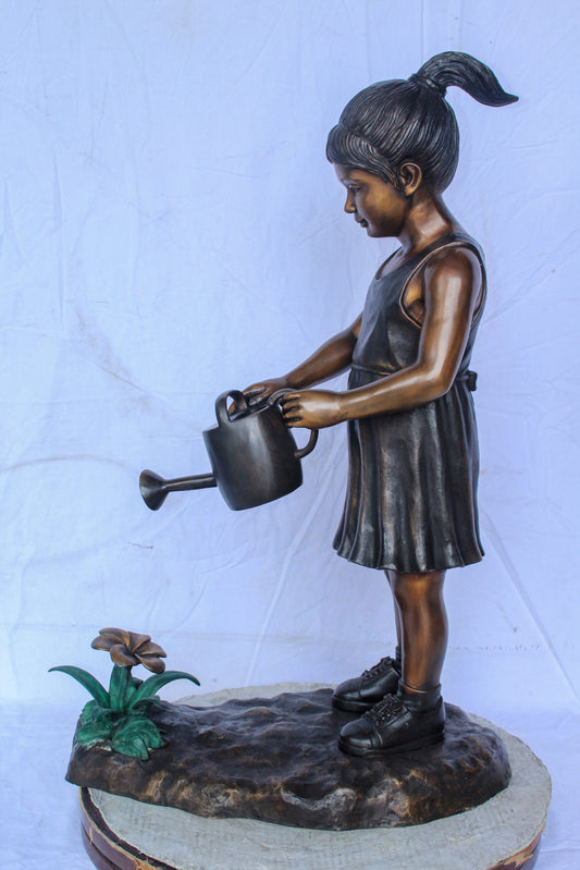 Bronze Statue of a Little Girl Watering Flowers 34" x 14" x 47"H
