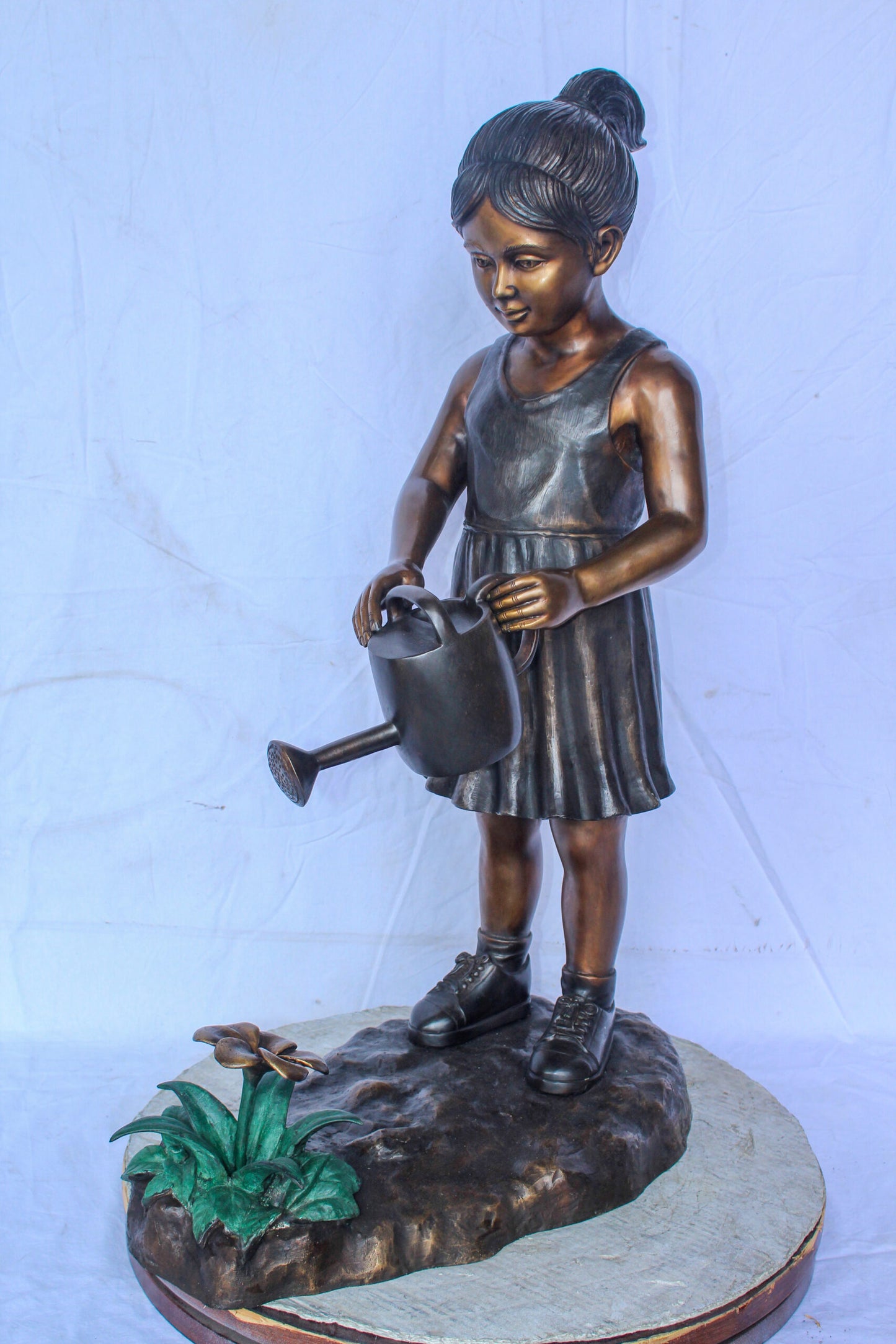 Bronze Statue of a Little Girl Watering Flowers 34" x 14" x 47"H