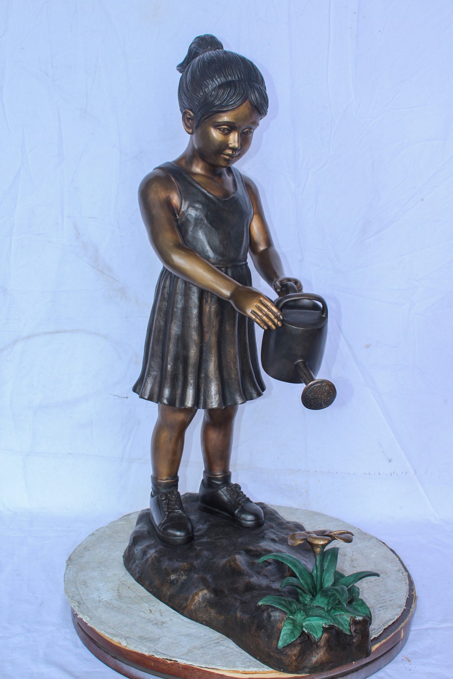 Bronze Statue of a Little Girl Watering Flowers 34" x 14" x 47"H
