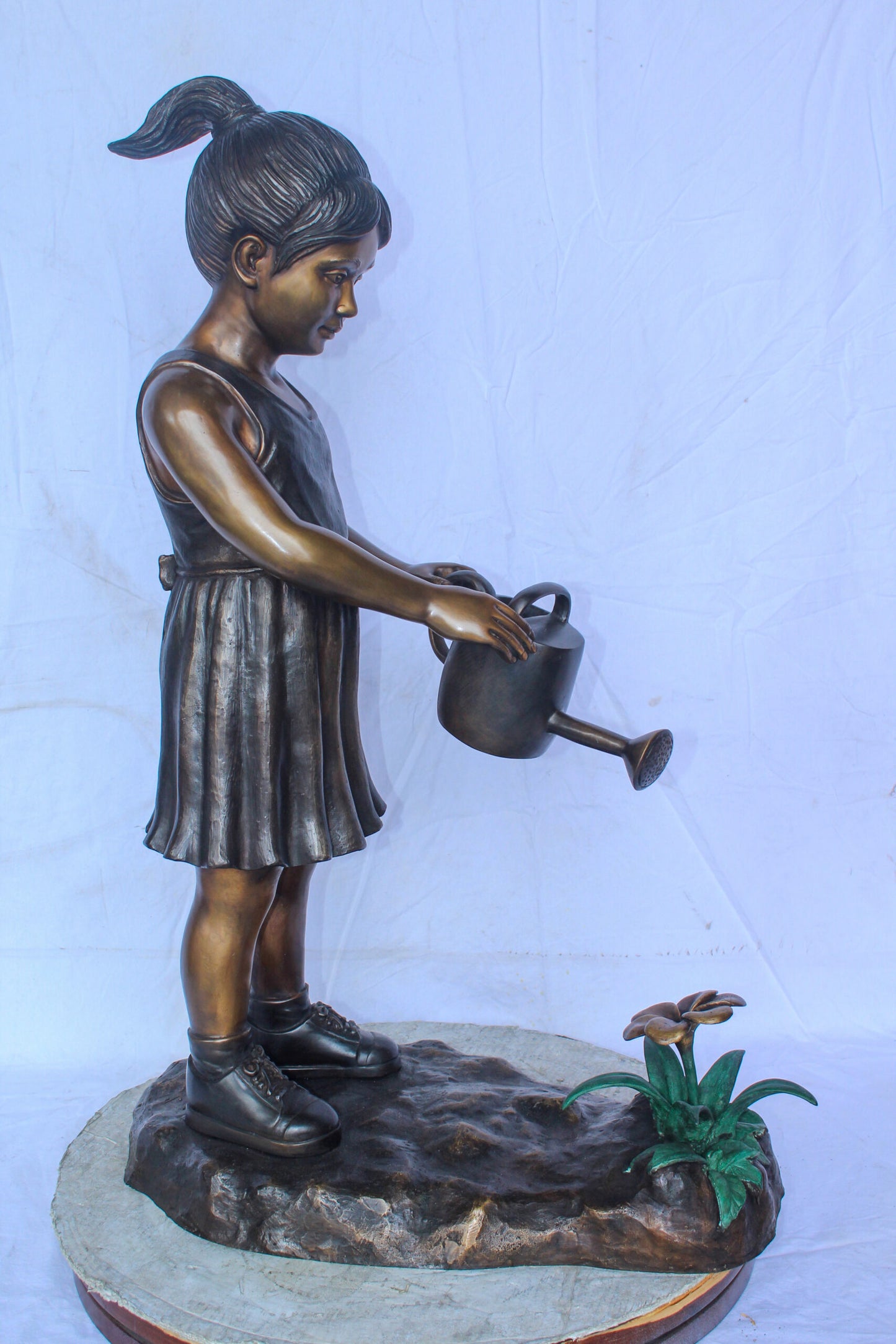 Bronze Statue of a Little Girl Watering Flowers 34" x 14" x 47"H