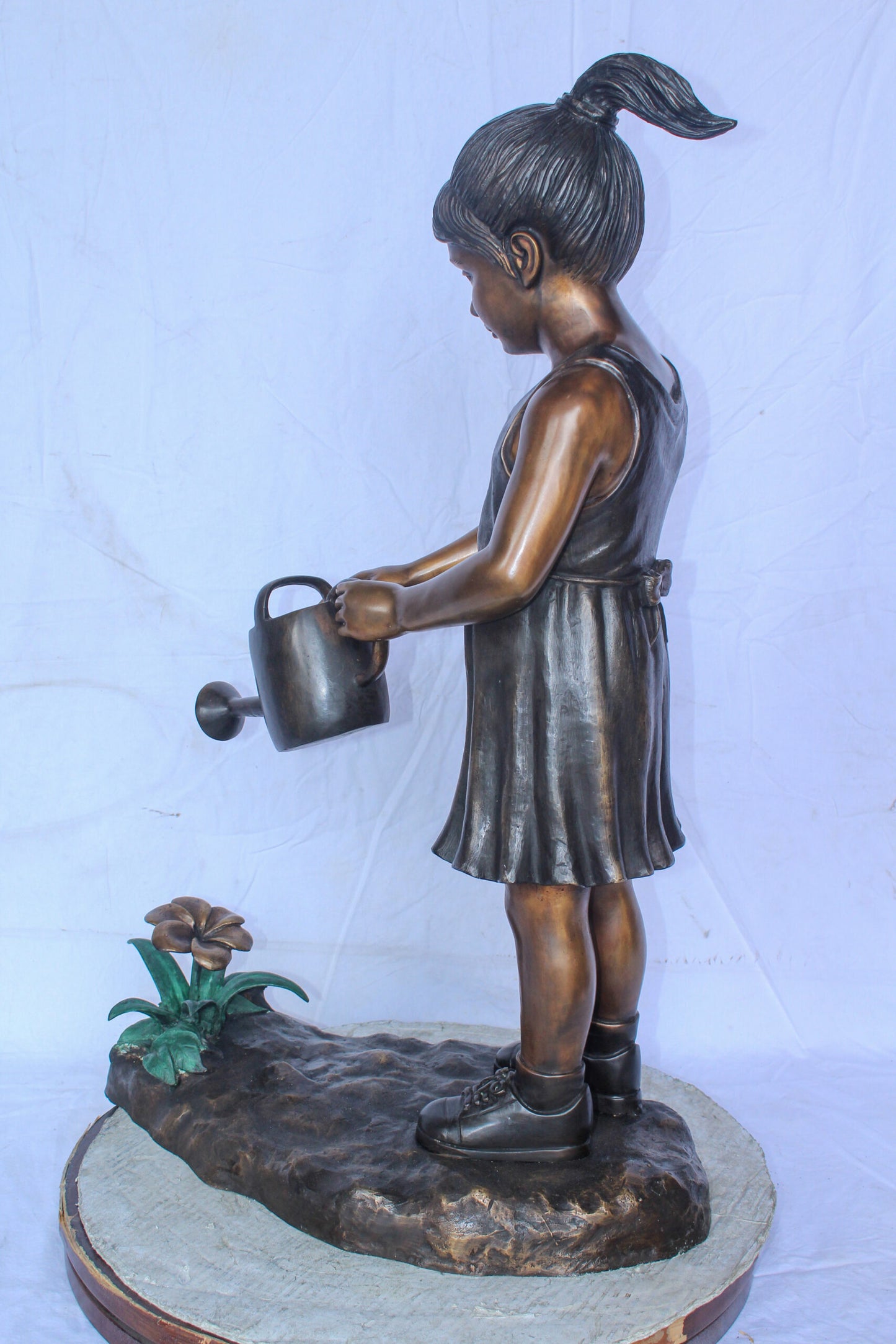 Bronze Statue of a Little Girl Watering Flowers 34" x 14" x 47"H