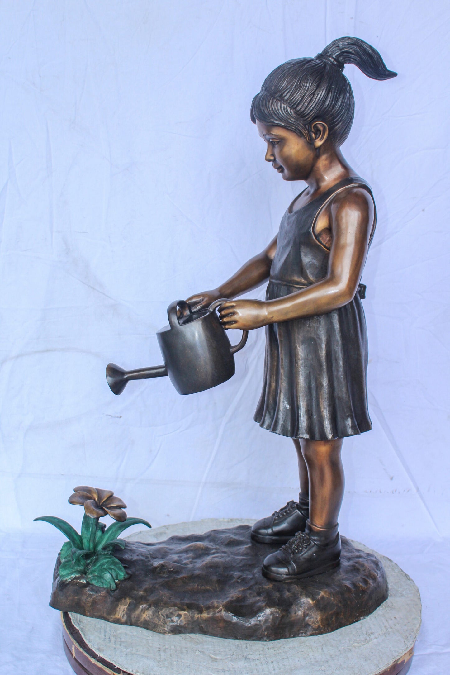Bronze Statue of a Little Girl Watering Flowers 34" x 14" x 47"H