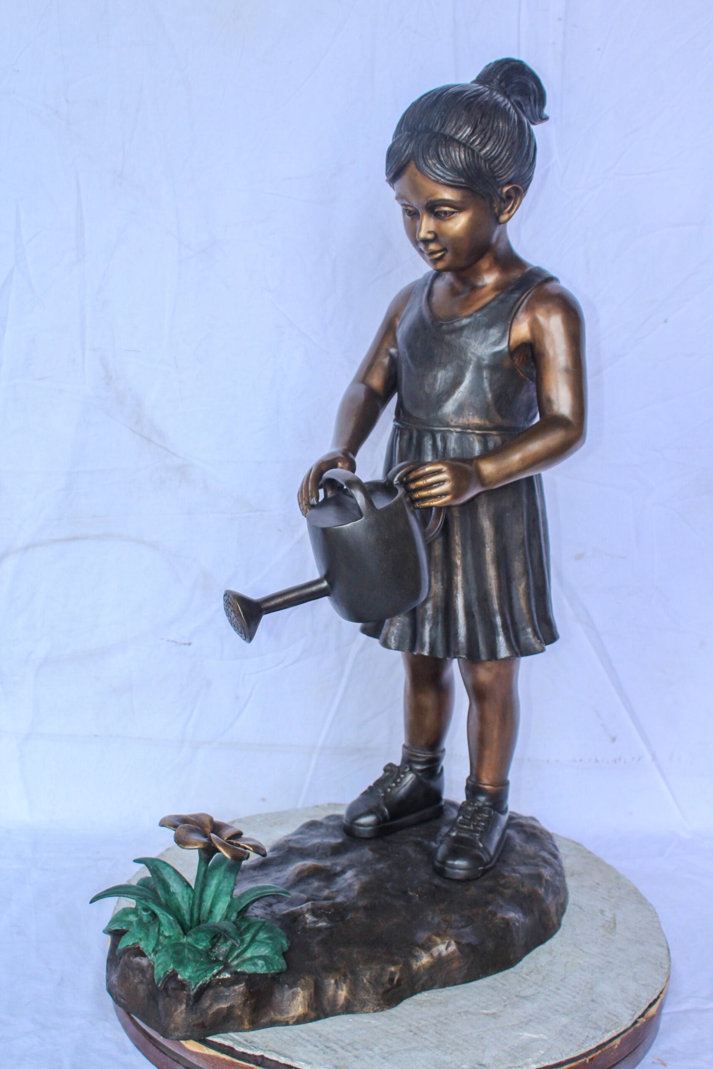 Bronze Statue of a Little Girl Watering Flowers 34" x 14" x 47"H