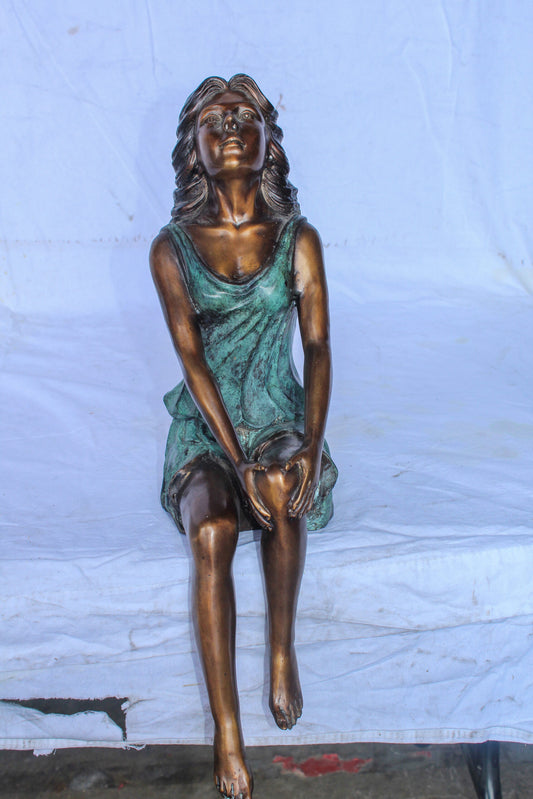 Graceful Young Woman Sitting on the Ledge Bronze Statue 13" x 7" x 23"H