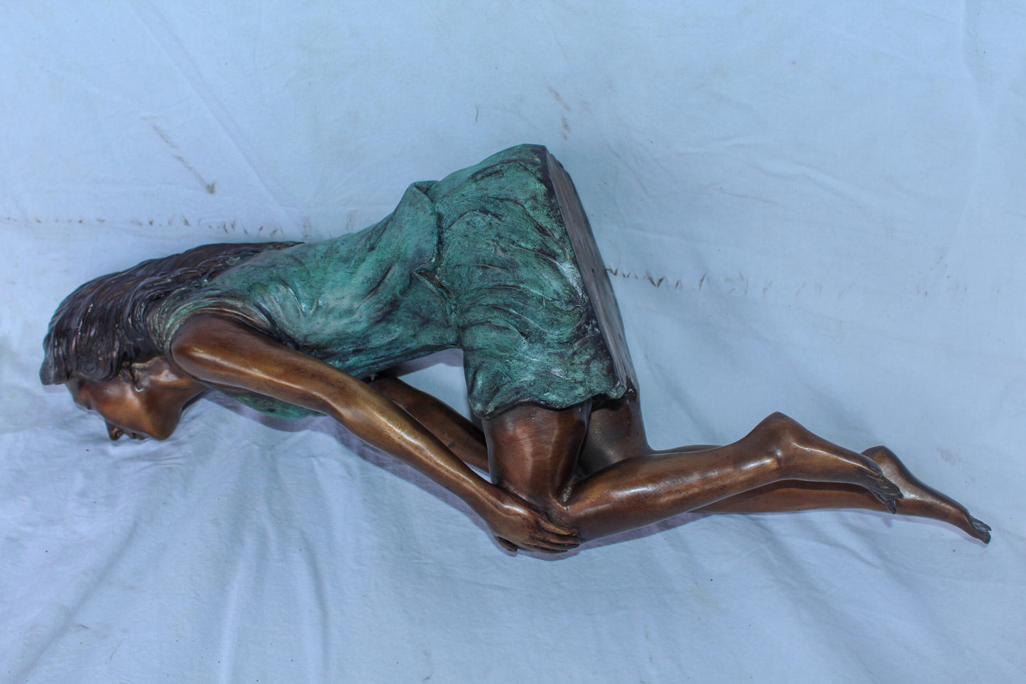 Graceful Young Woman Sitting on the Ledge Bronze Statue 13" x 7" x 23"H