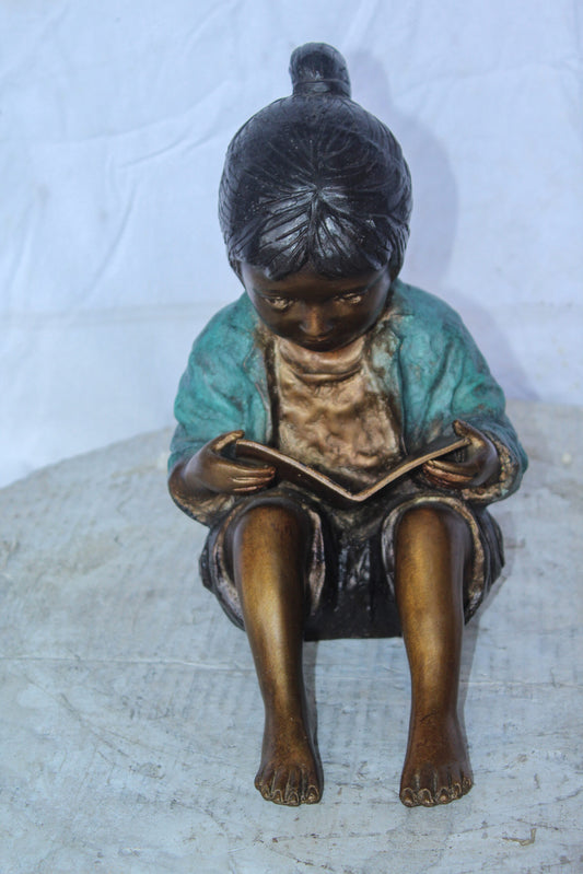 Charming Young Girl Sitting and Reading a Book Bronze Statue 11" x 8" x 12"H
