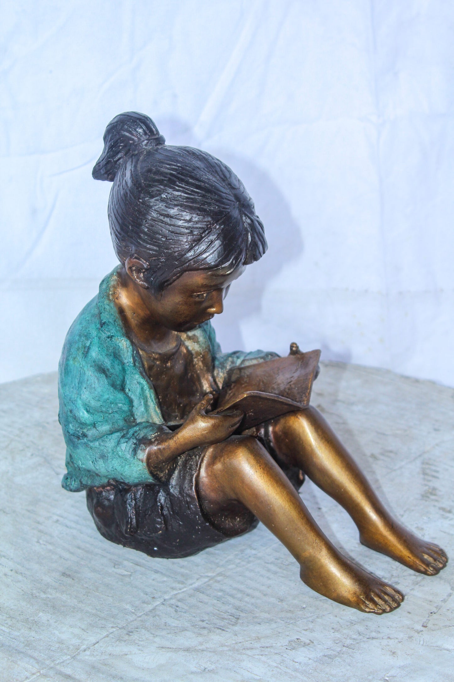 Charming Young Girl Sitting and Reading a Book Bronze Statue 11" x 8" x 12"H