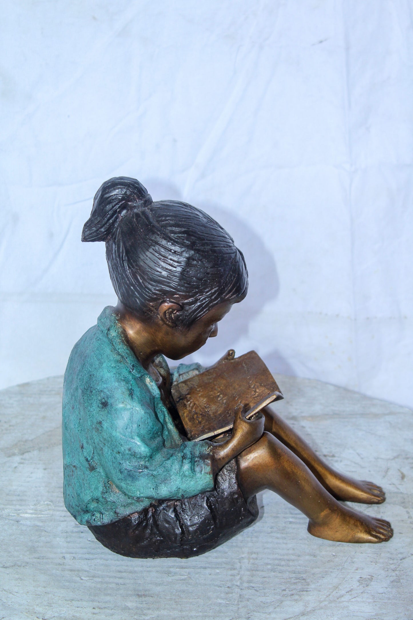 Charming Young Girl Sitting and Reading a Book Bronze Statue 11" x 8" x 12"H