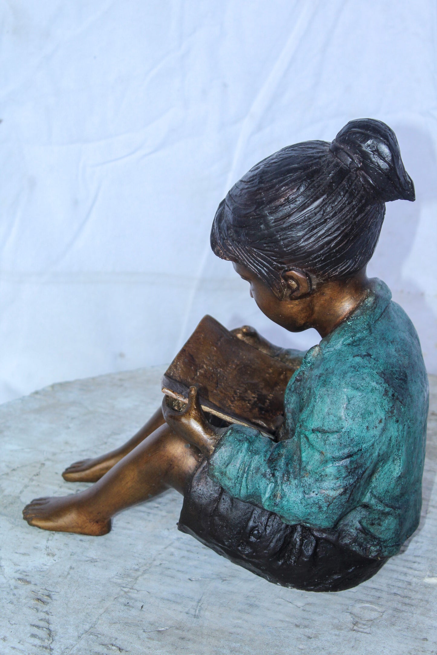 Charming Young Girl Sitting and Reading a Book Bronze Statue 11" x 8" x 12"H
