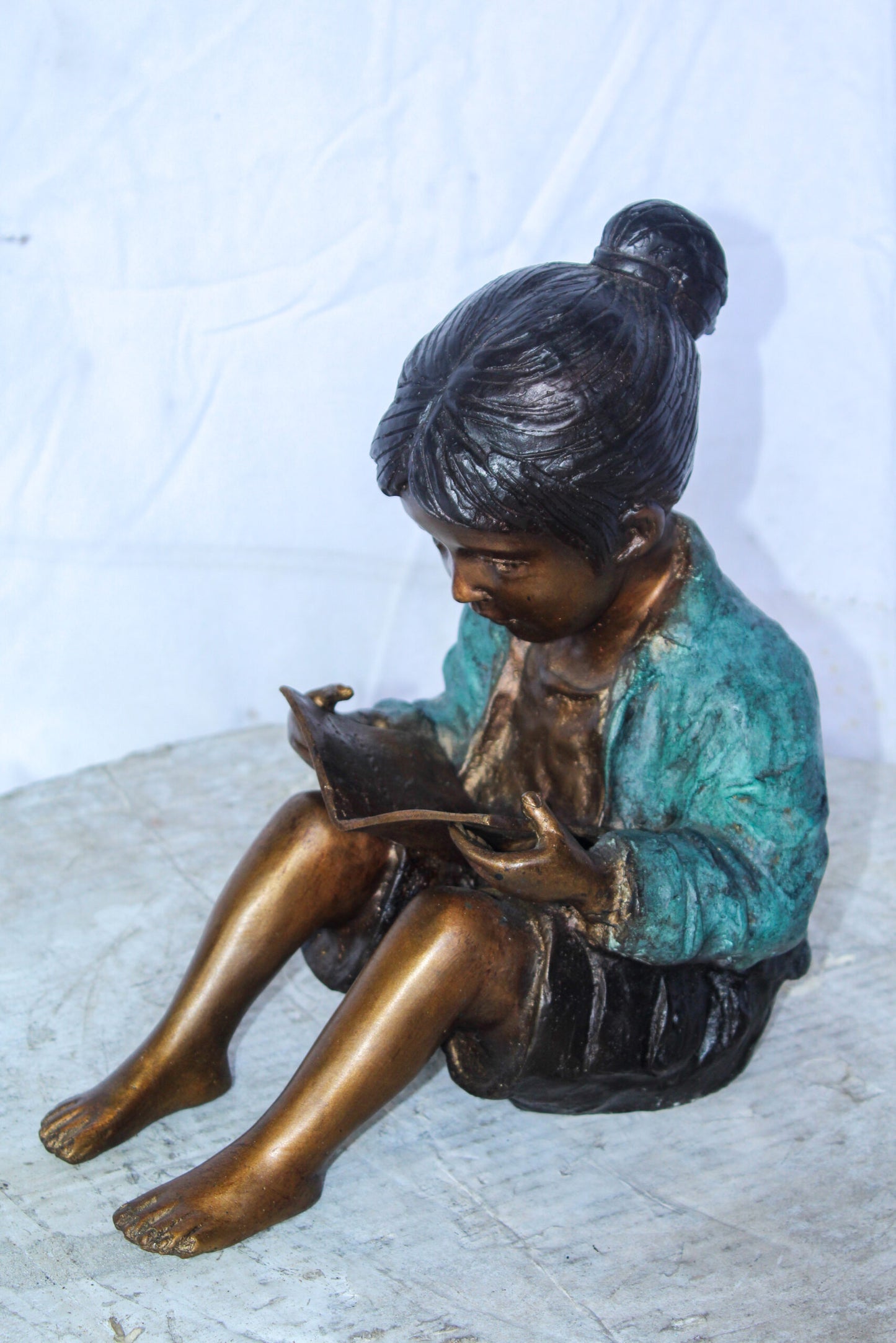 Charming Young Girl Sitting and Reading a Book Bronze Statue 11" x 8" x 12"H