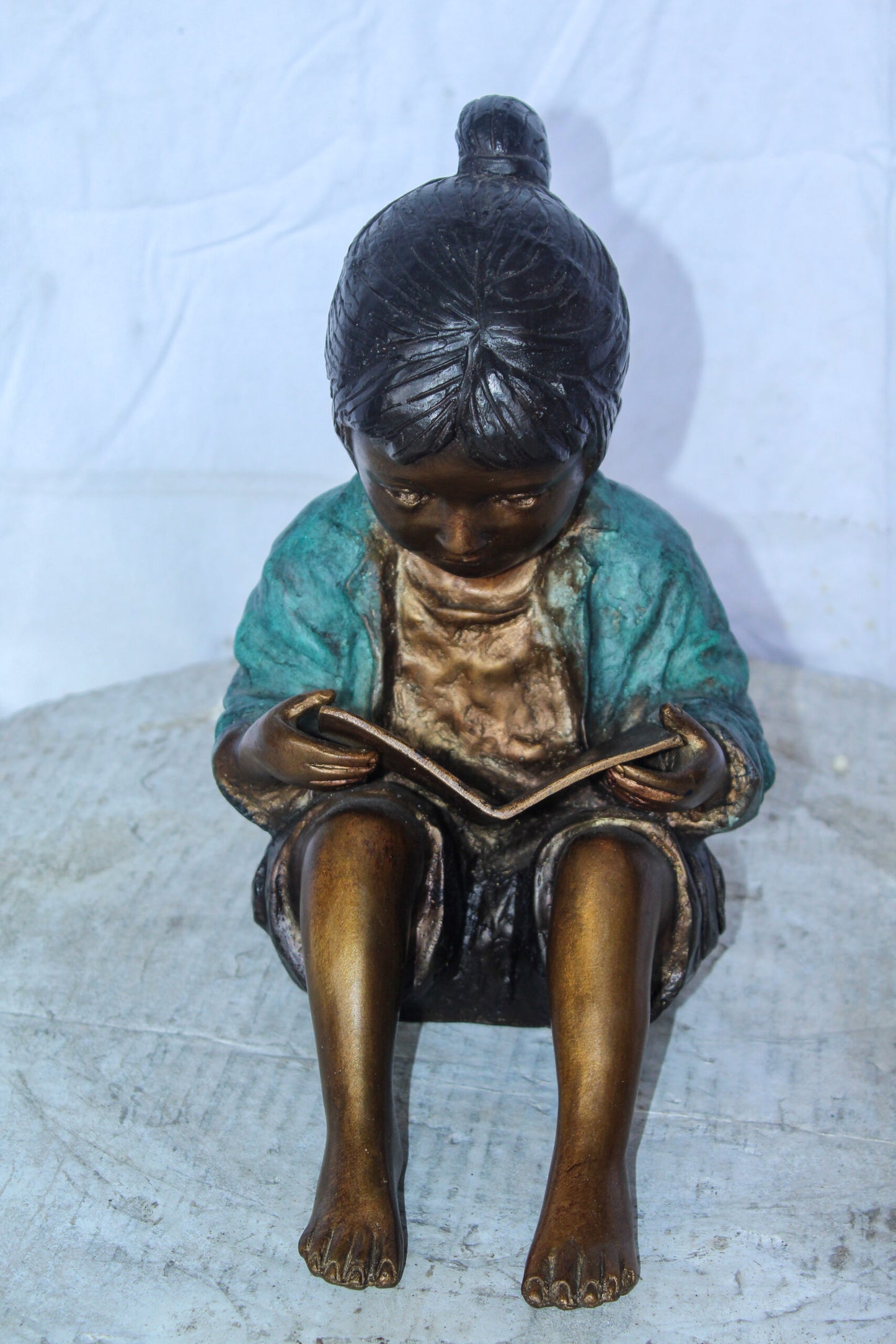 Charming Young Girl Sitting and Reading a Book Bronze Statue 11" x 8" x 12"H
