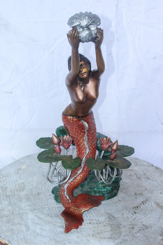 Colorful Mermaid Holding Shell Bronze Fountain 14" x 13" x 21"H