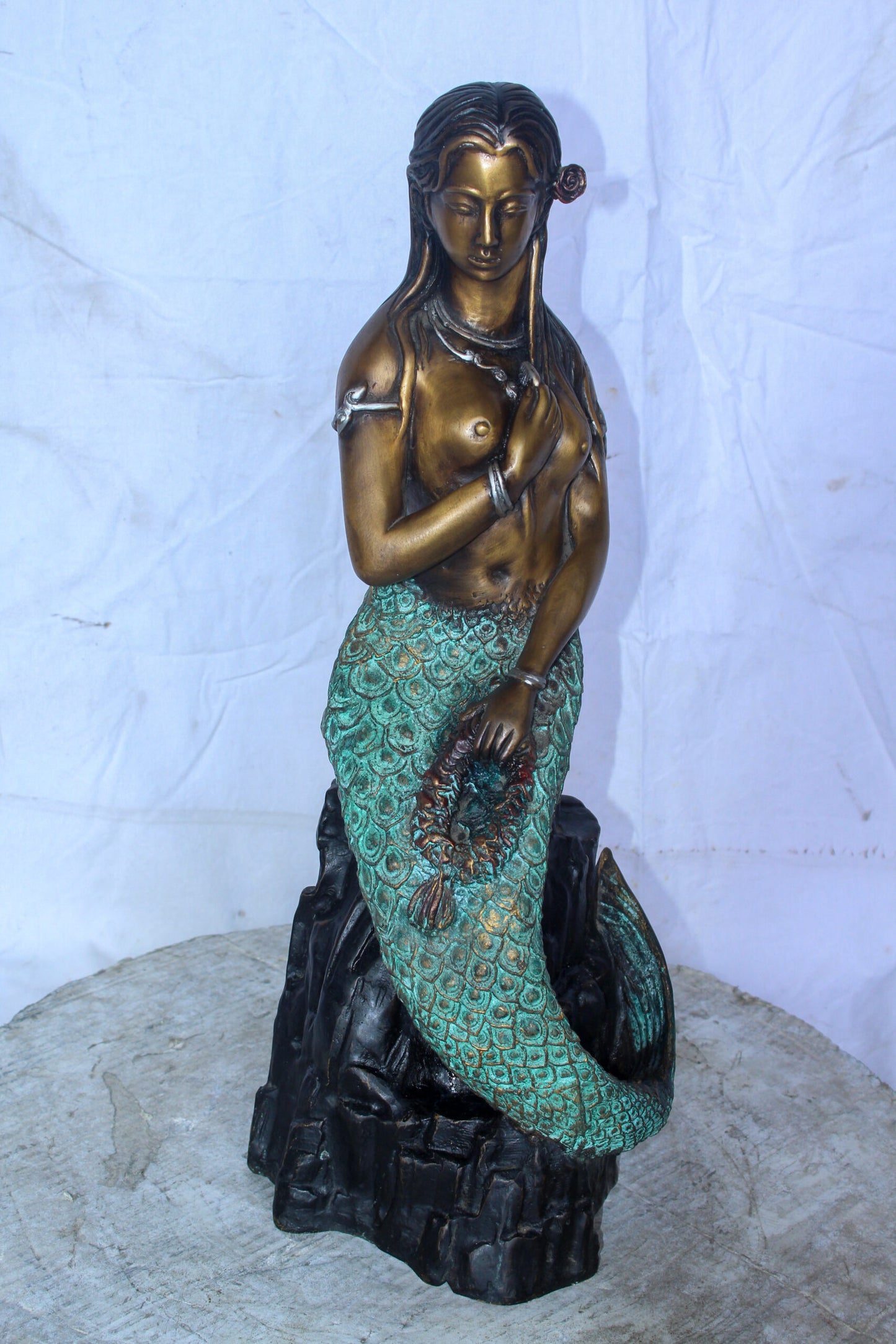 Enchanting Mermaid on Rock by Water Bronze Statue Nude Art 10" x 9" x 24"H