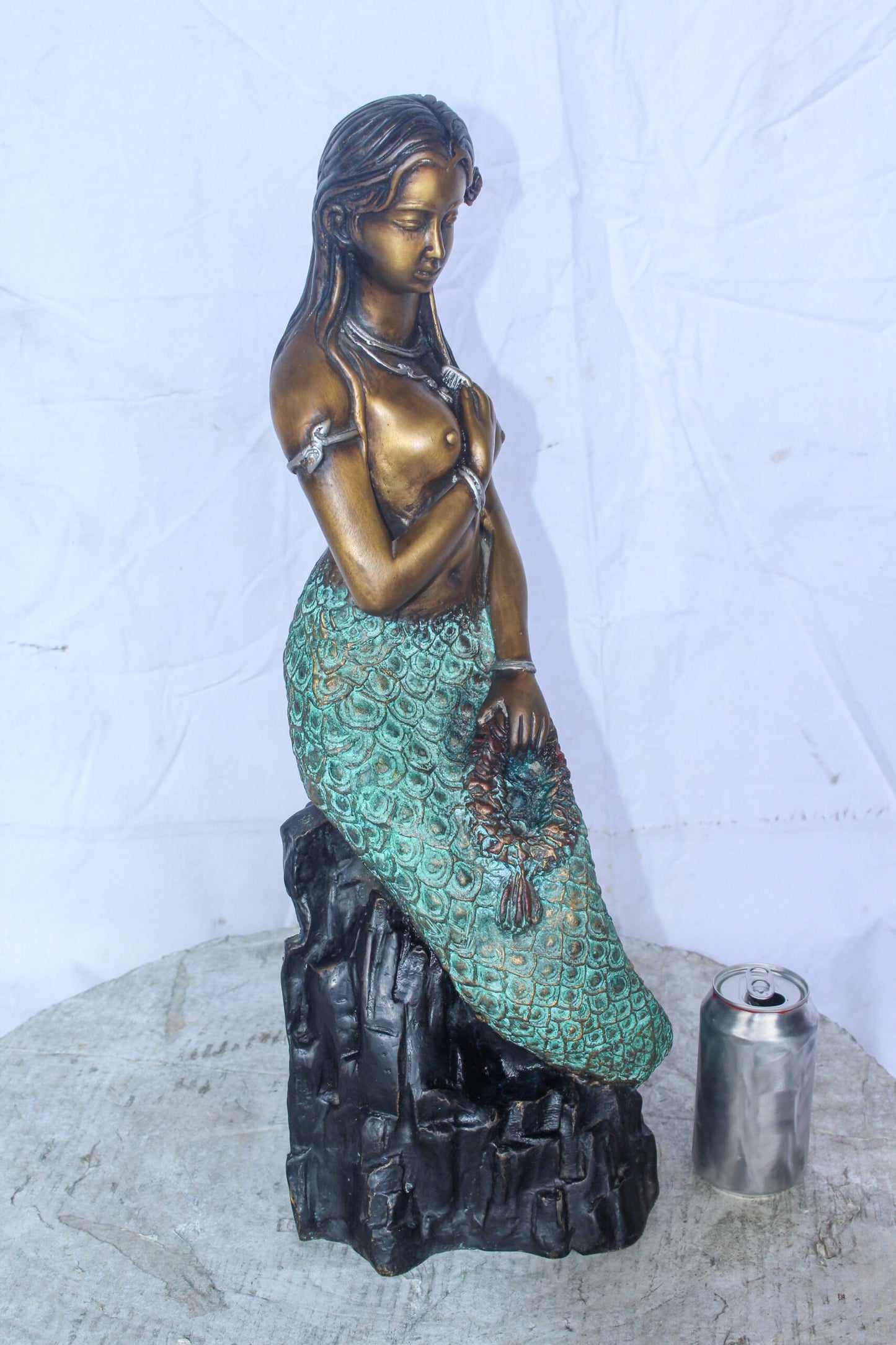 Enchanting Mermaid on Rock by Water Bronze Statue Nude Art 10" x 9" x 24"H