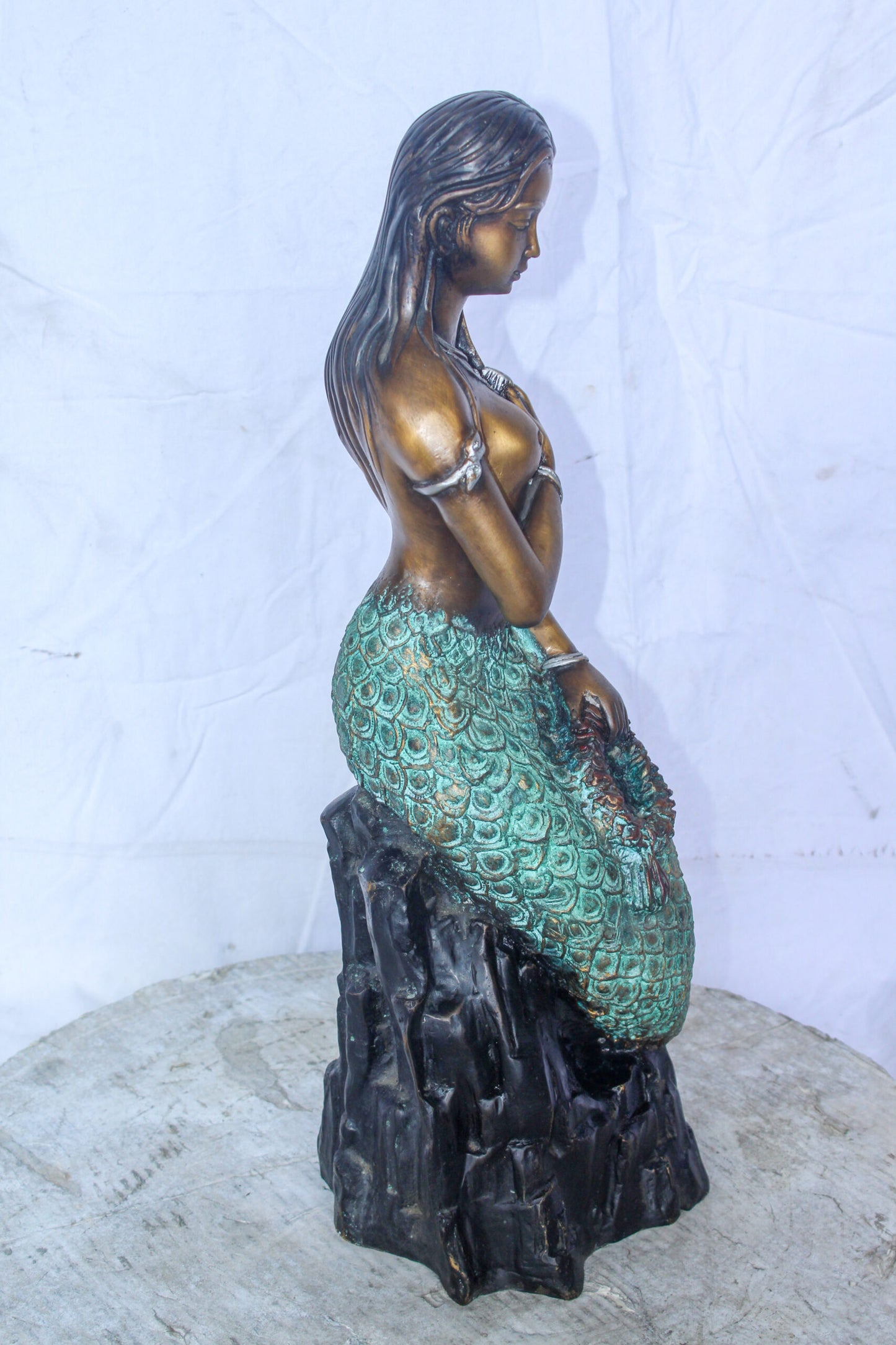 Enchanting Mermaid on Rock by Water Bronze Statue Nude Art 10" x 9" x 24"H