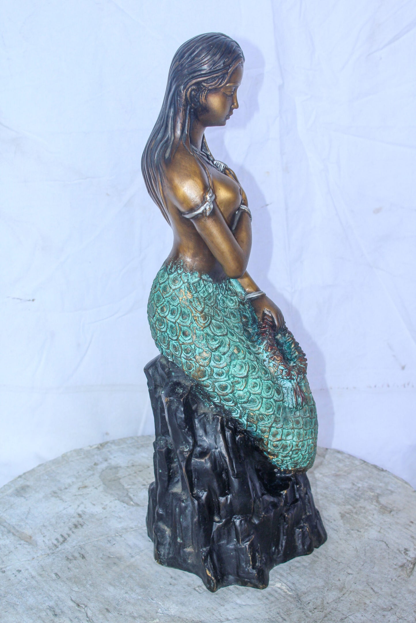 Enchanting Mermaid on Rock by Water Bronze Statue Nude Art 10" x 9" x 24"H