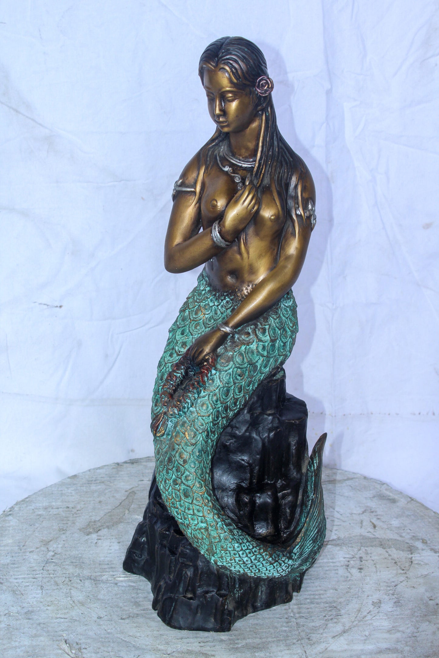 Enchanting Mermaid on Rock by Water Bronze Statue Nude Art 10" x 9" x 24"H