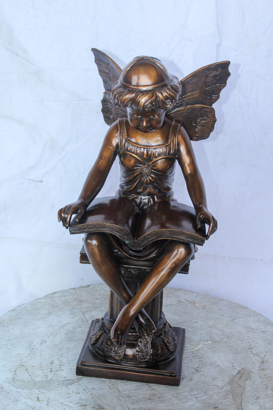 Enchanting Fairy Reading Book Bronze Statue, Magical Home Decor 10" x 12" x 21"H