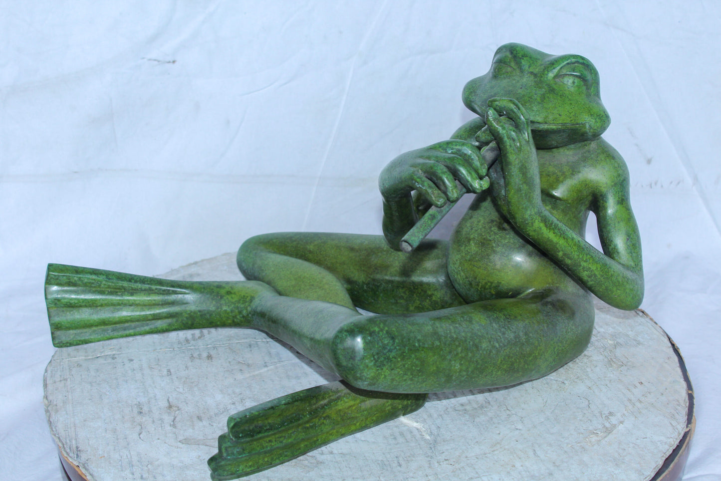 Musical Frog Playing Flute Bronze Statue with Green Patina 20" x 18" x 12"H