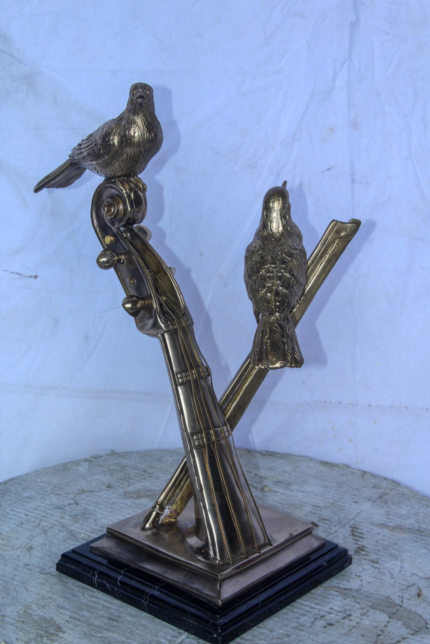 Creative Art, Violin and Two Birds, Bronze Statue in Silver Finish 12 x 8 x 19"H
