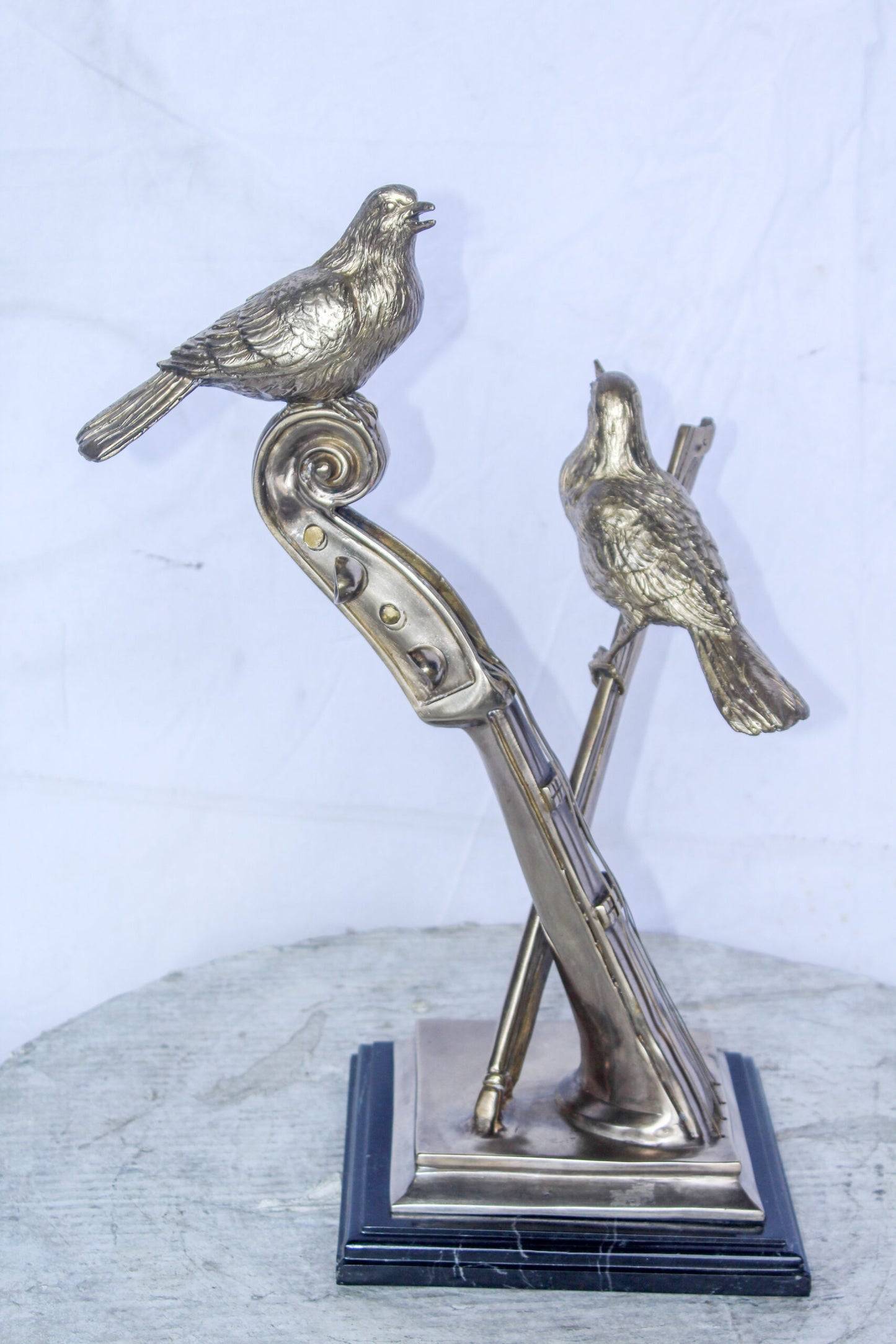 Creative Art, Violin and Two Birds, Bronze Statue in Silver Finish 12 x 8 x 19"H