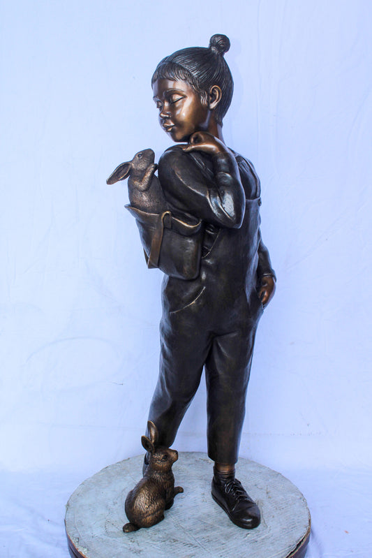 Girl with Two Bunnies in Nature Bronze Statue, Delightful Decor 17" x 13" x 44"H