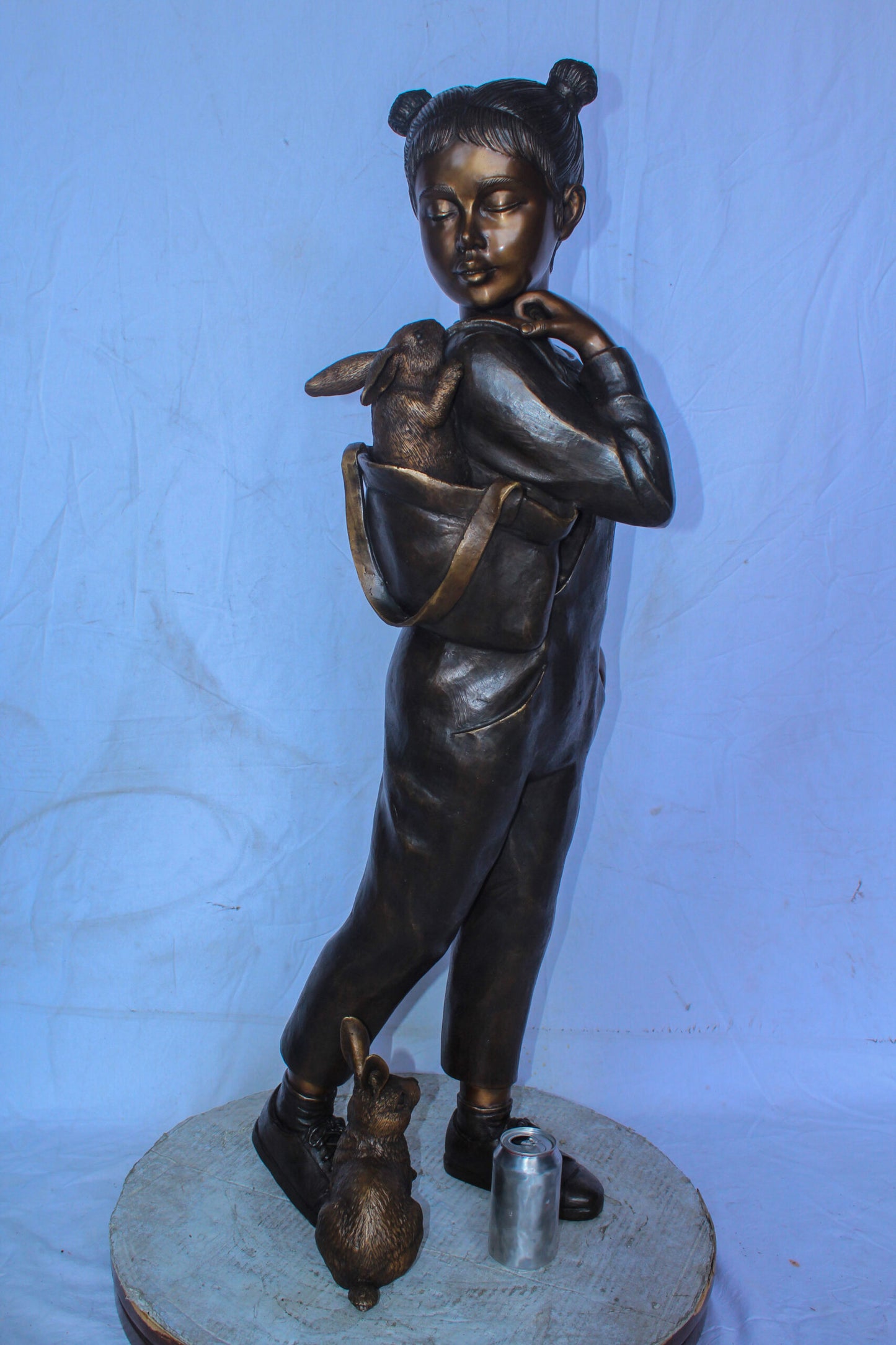 Girl with Two Bunnies in Nature Bronze Statue, Delightful Decor 17" x 13" x 44"H
