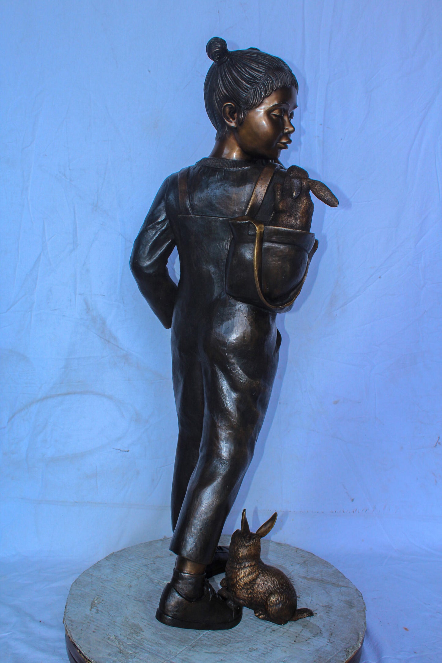 Girl with Two Bunnies in Nature Bronze Statue, Delightful Decor 17" x 13" x 44"H