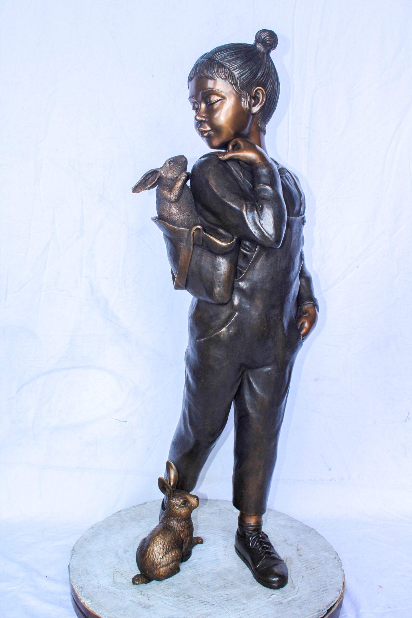 Girl with Two Bunnies in Nature Bronze Statue, Delightful Decor 17" x 13" x 44"H