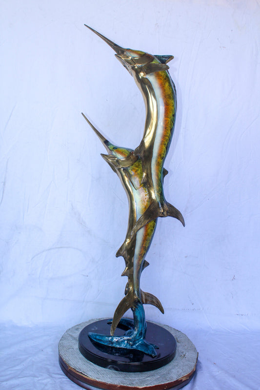 Pair of Marlin Fish Bronze Statue, Perfect Marine Decor 18" x 18" x 54"H