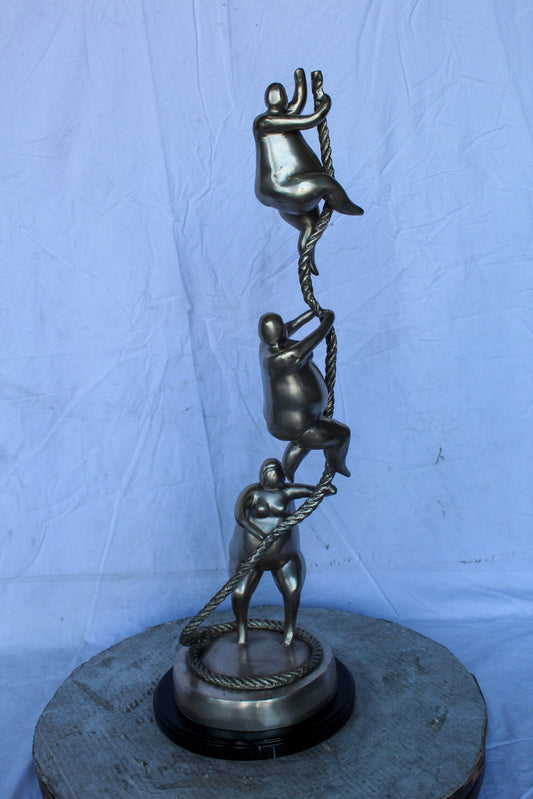 Three Voluptuous Women Climbing a Rope Statue, Silver Finish 12" x 12" x 32"H