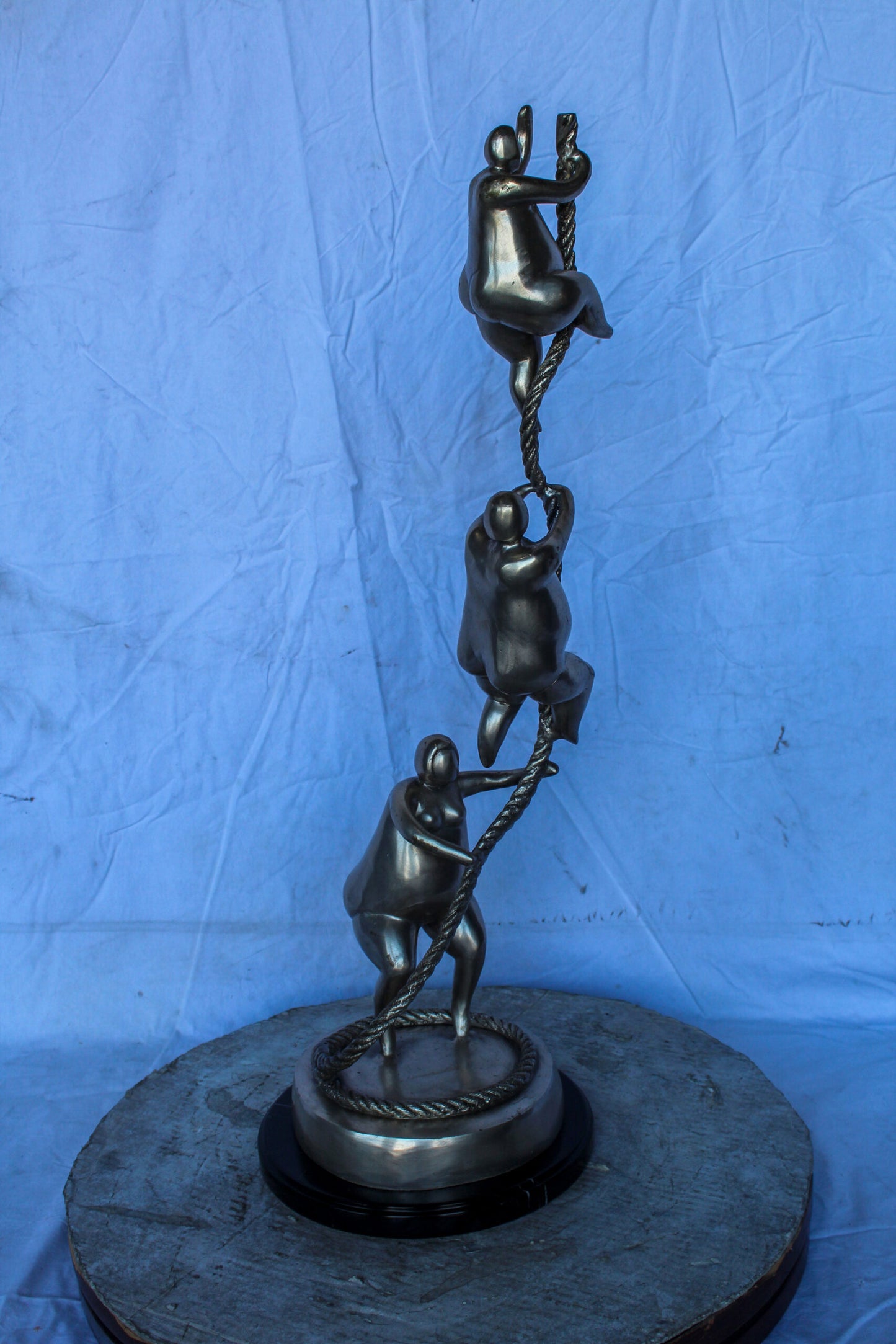 Three Voluptuous Women Climbing a Rope Statue, Silver Finish 12" x 12" x 32"H