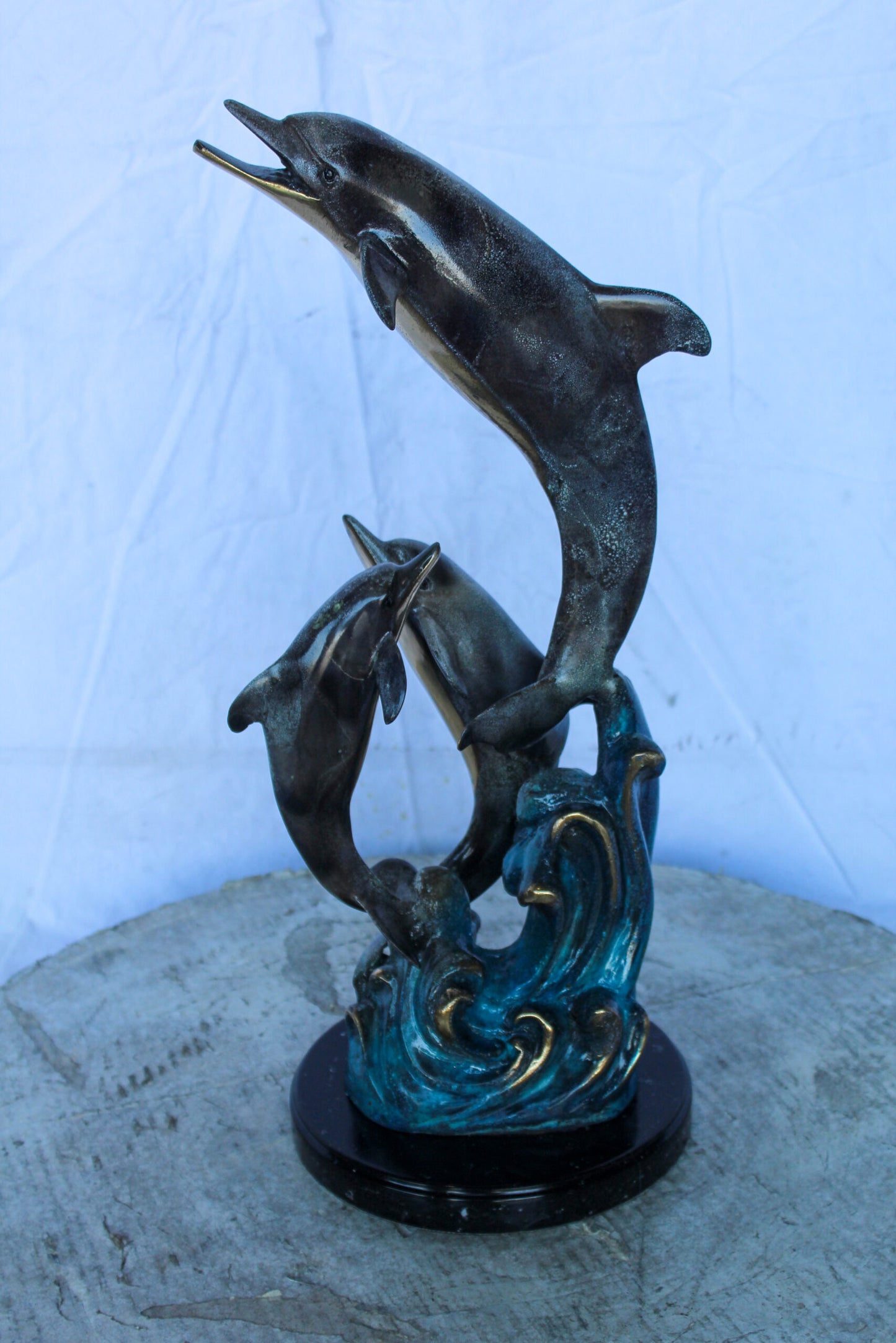 Bronze Statue of Three Dolphins Leaping from Water 8" x 8" x 20"H