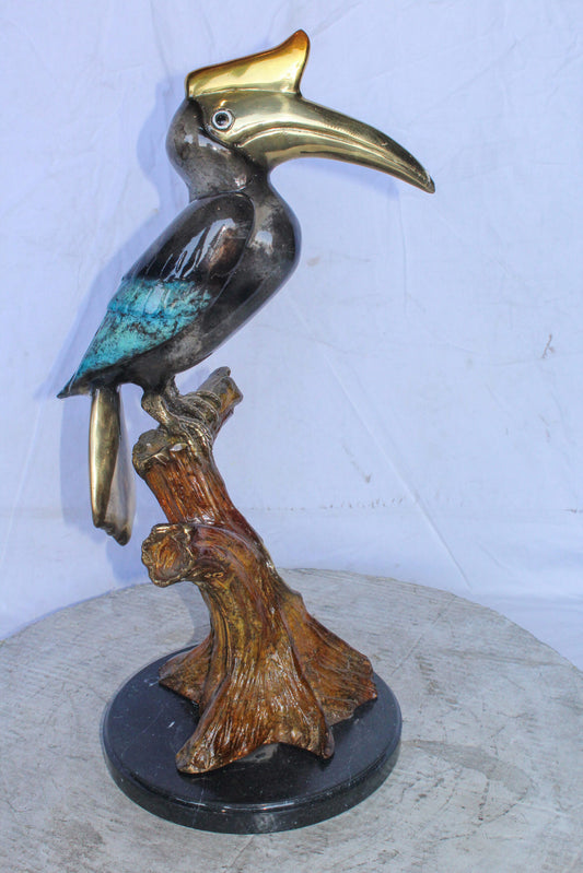 Hornbill Bird on Tree Branch, Colored Bronze Statue 10" x 10" x 22"H