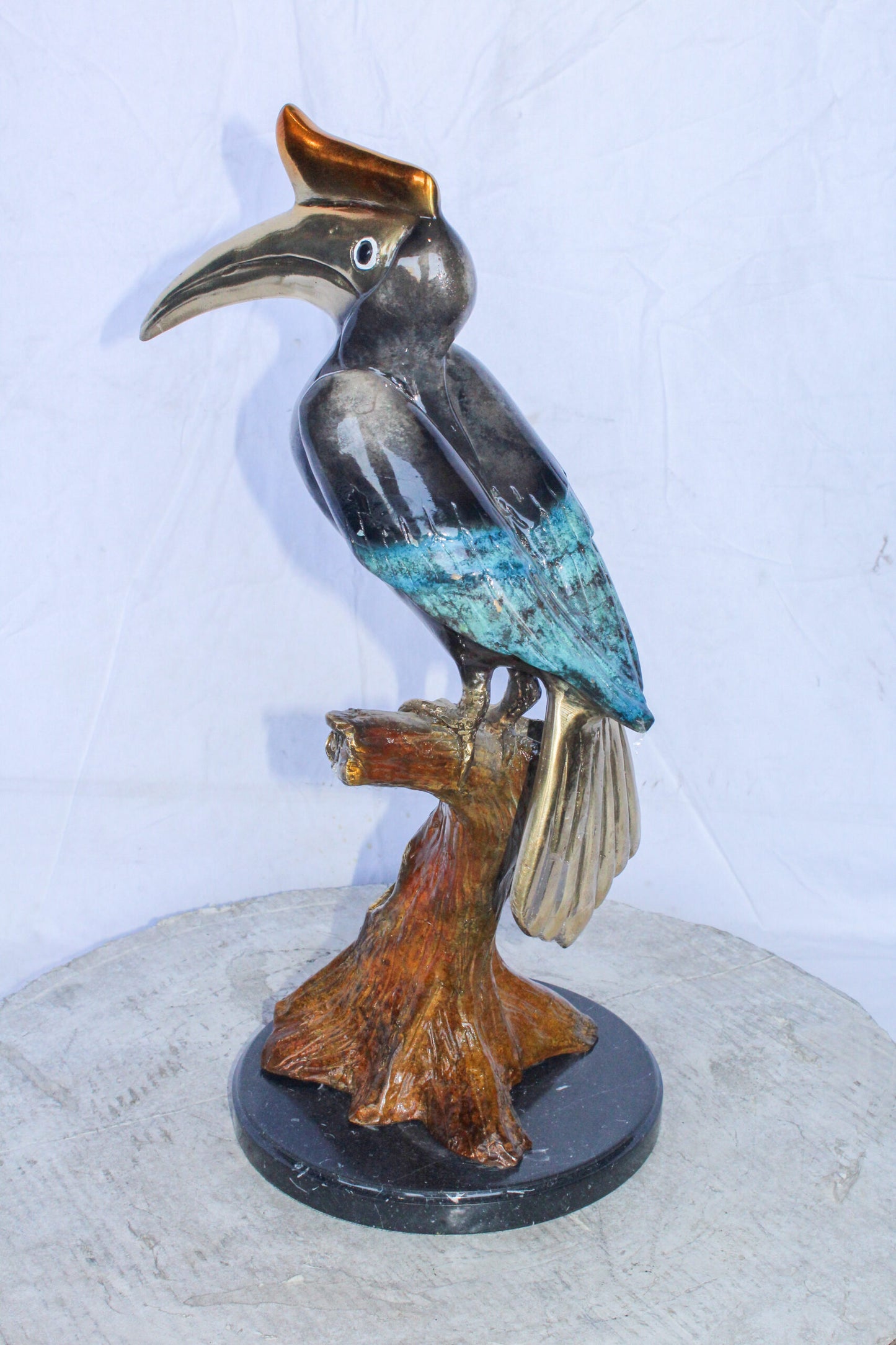 Hornbill Bird on Tree Branch, Colored Bronze Statue 10" x 10" x 22"H