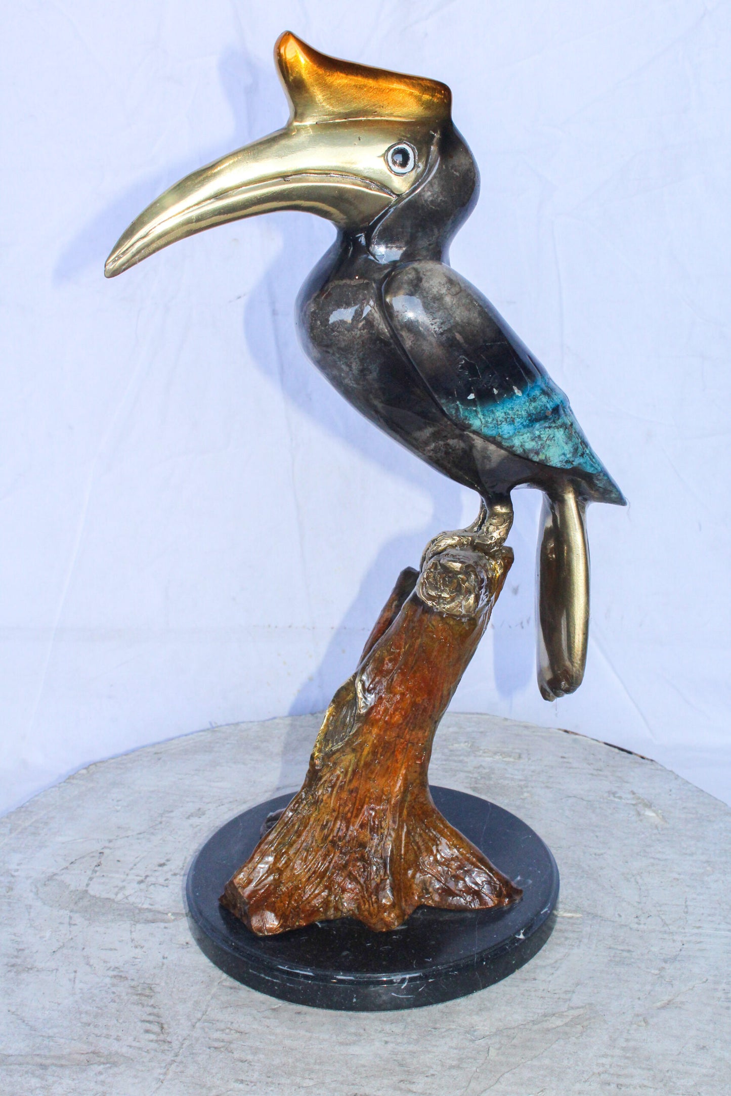 Hornbill Bird on Tree Branch, Colored Bronze Statue 10" x 10" x 22"H