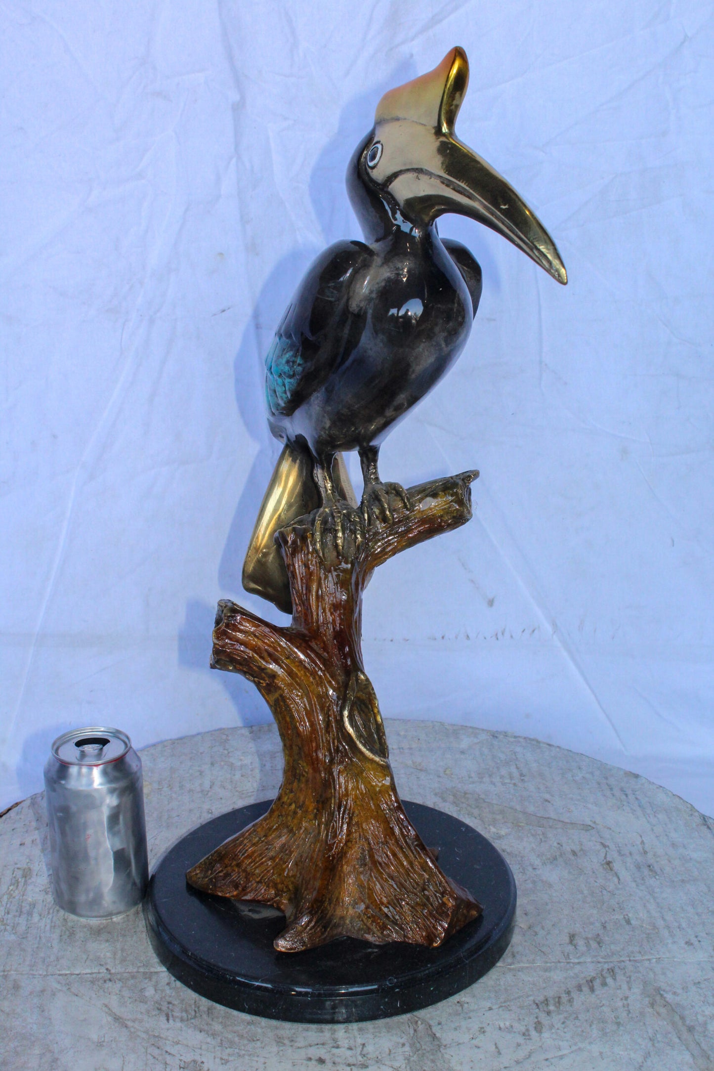 Hornbill Bird on Tree Branch, Colored Bronze Statue 10" x 10" x 22"H