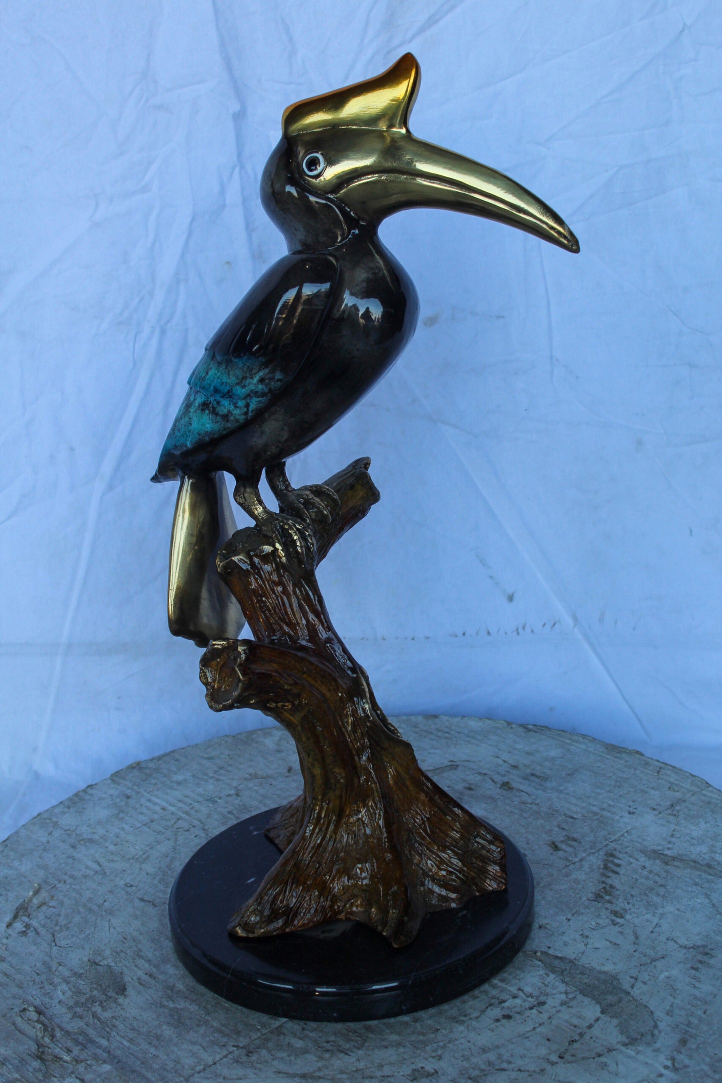 Hornbill Bird on Tree Branch, Colored Bronze Statue 10" x 10" x 22"H