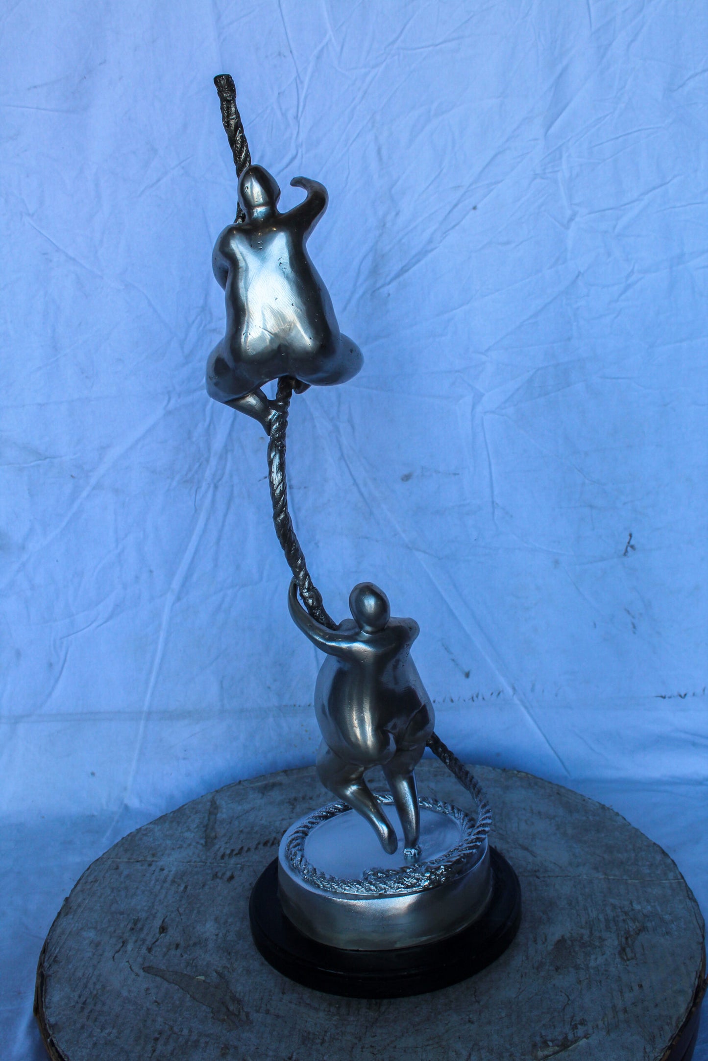 Two Voluptuous Women Climbing a Rope Statue, Silver Finish 10" x 10" x 29"H