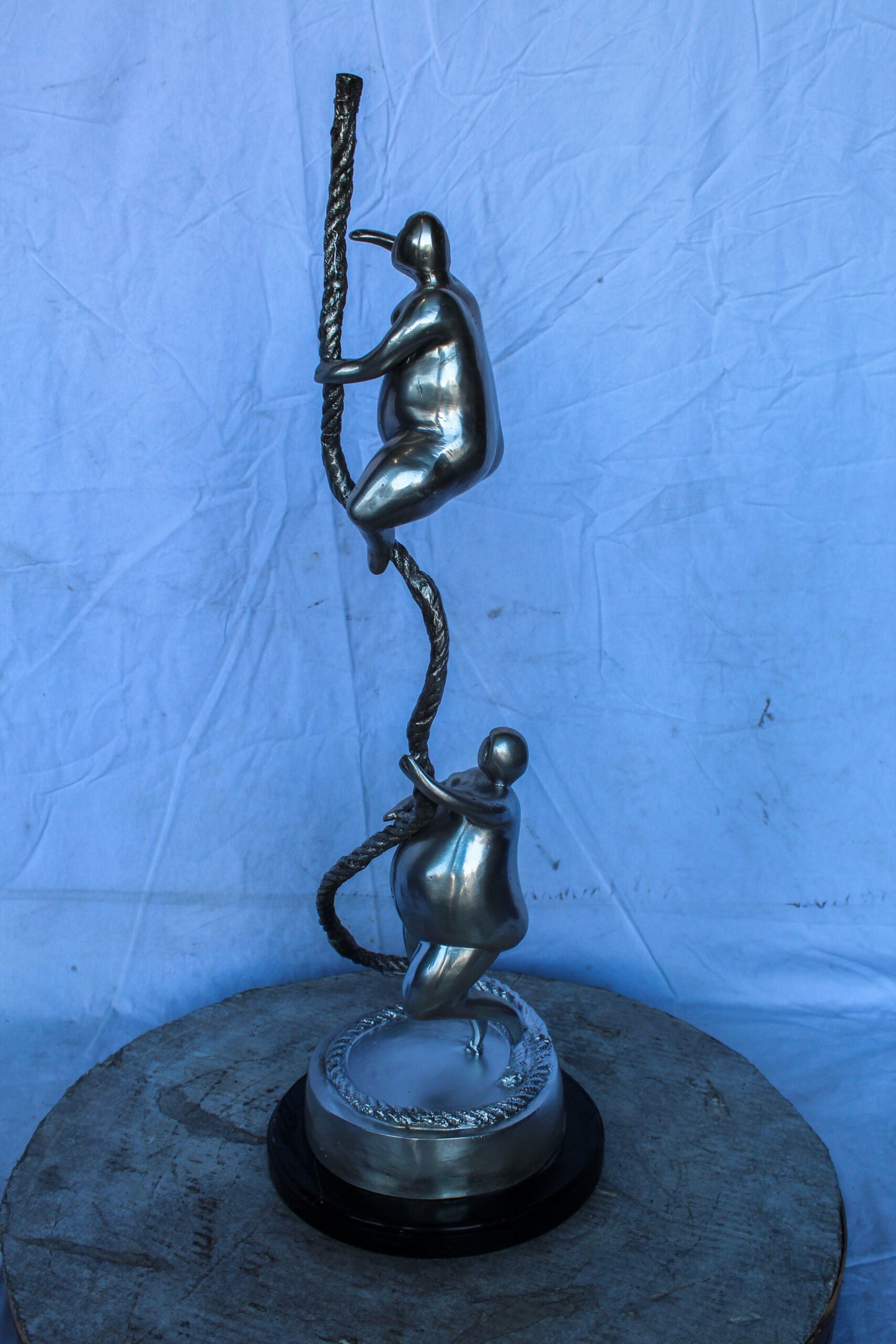 Two Voluptuous Women Climbing a Rope Statue, Silver Finish 10" x 10" x 29"H