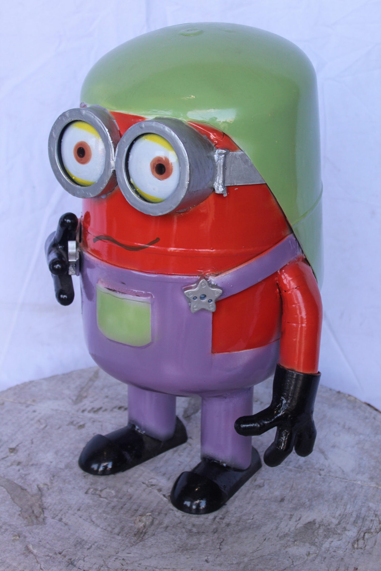 Funny Metal Scrap Statue of Boy with Glasses, Whimsical Art 14" x 12" x 20"H