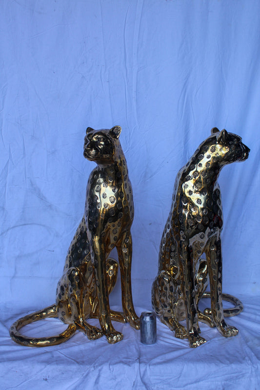 Pair of Sitting Cheetahs Bronze Statues, Gold Finish 21" x 21" x 34"H