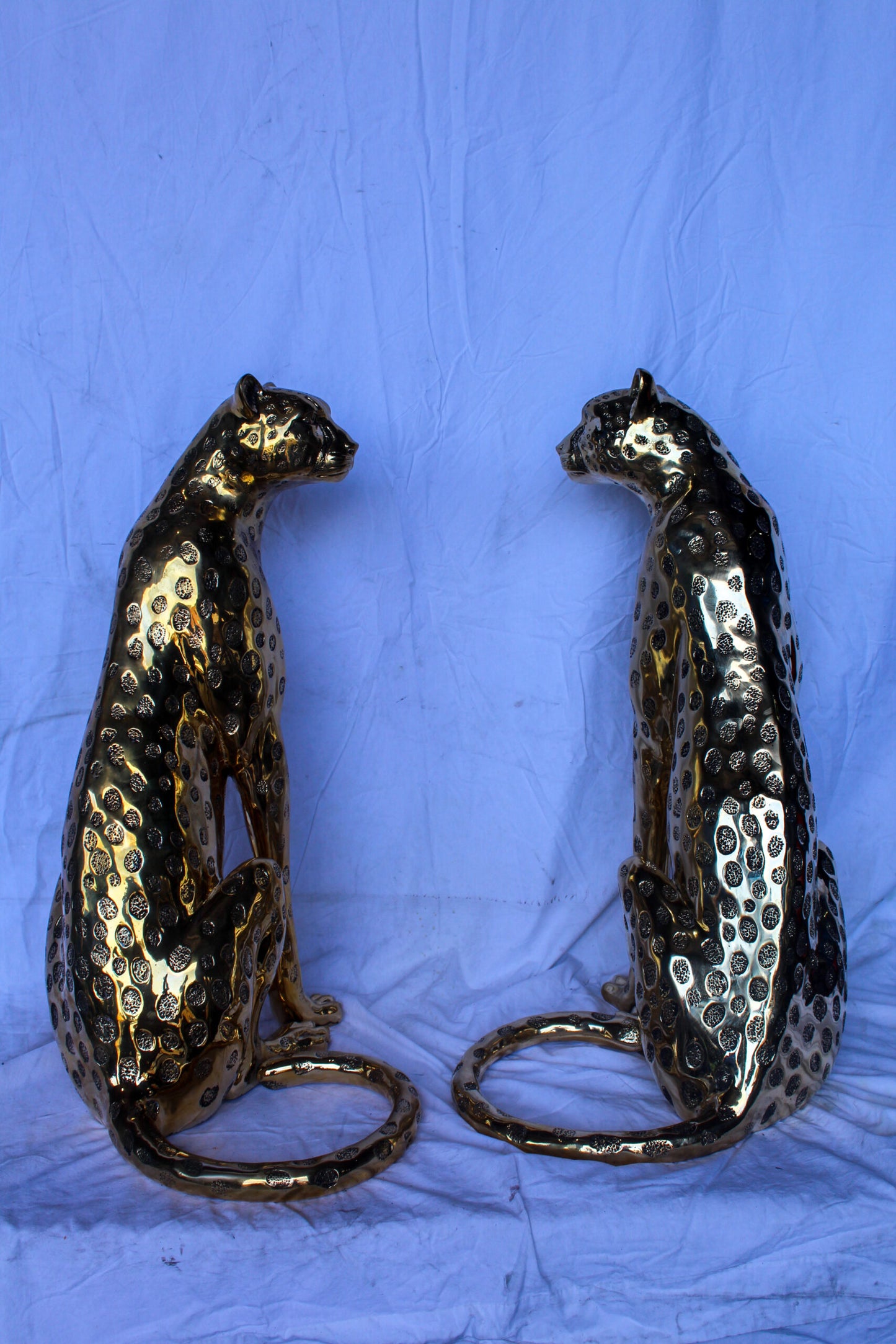 Pair of Sitting Cheetahs Bronze Statues, Gold Finish 21" x 21" x 34"H
