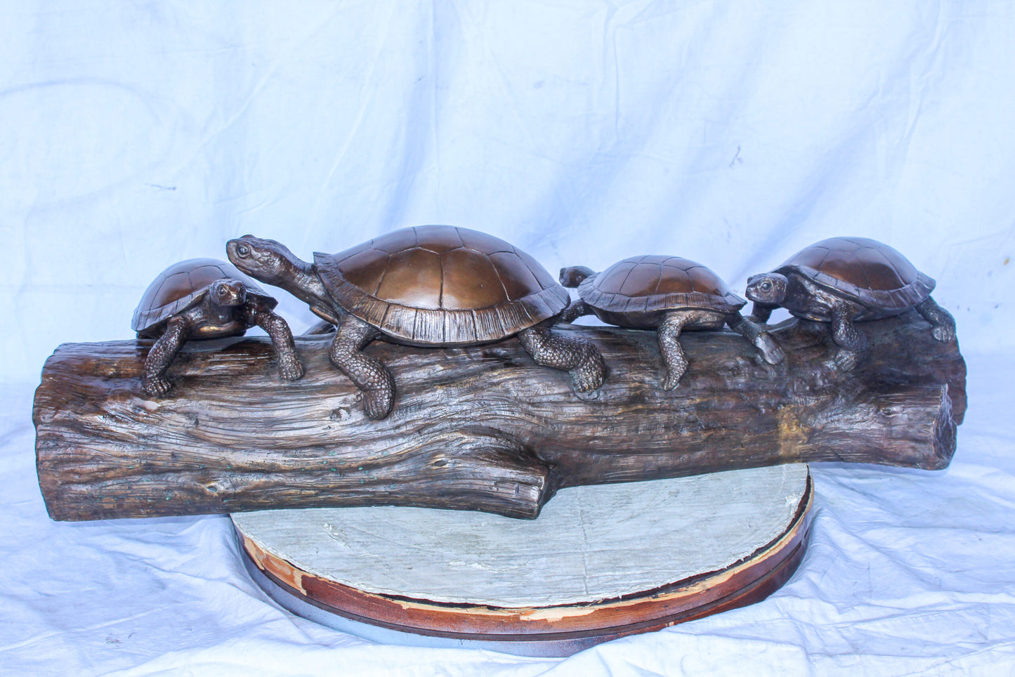 Four Turtles on Tree Log Bronze Statue, Charming Wildlife Decor 39" x 15" x 10"H