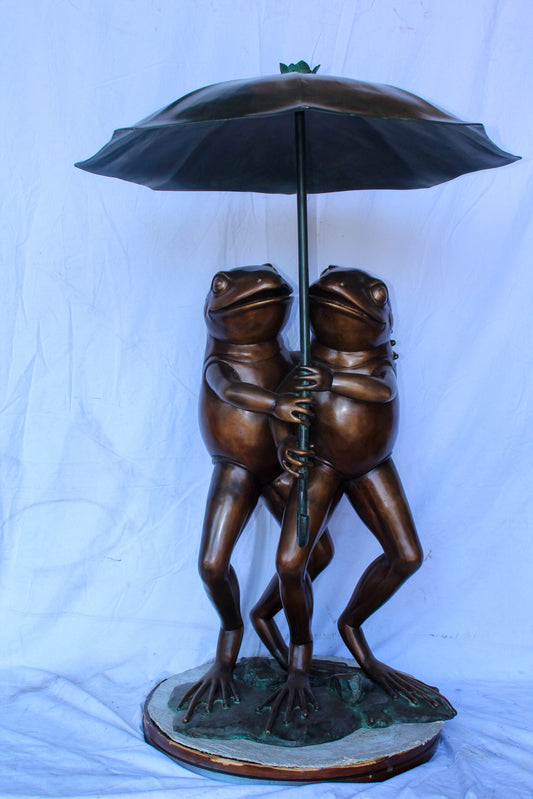 Bronze Fountain, Two Frogs with Umbrella, Playful Garden Decor 33" x 33" x 51"H