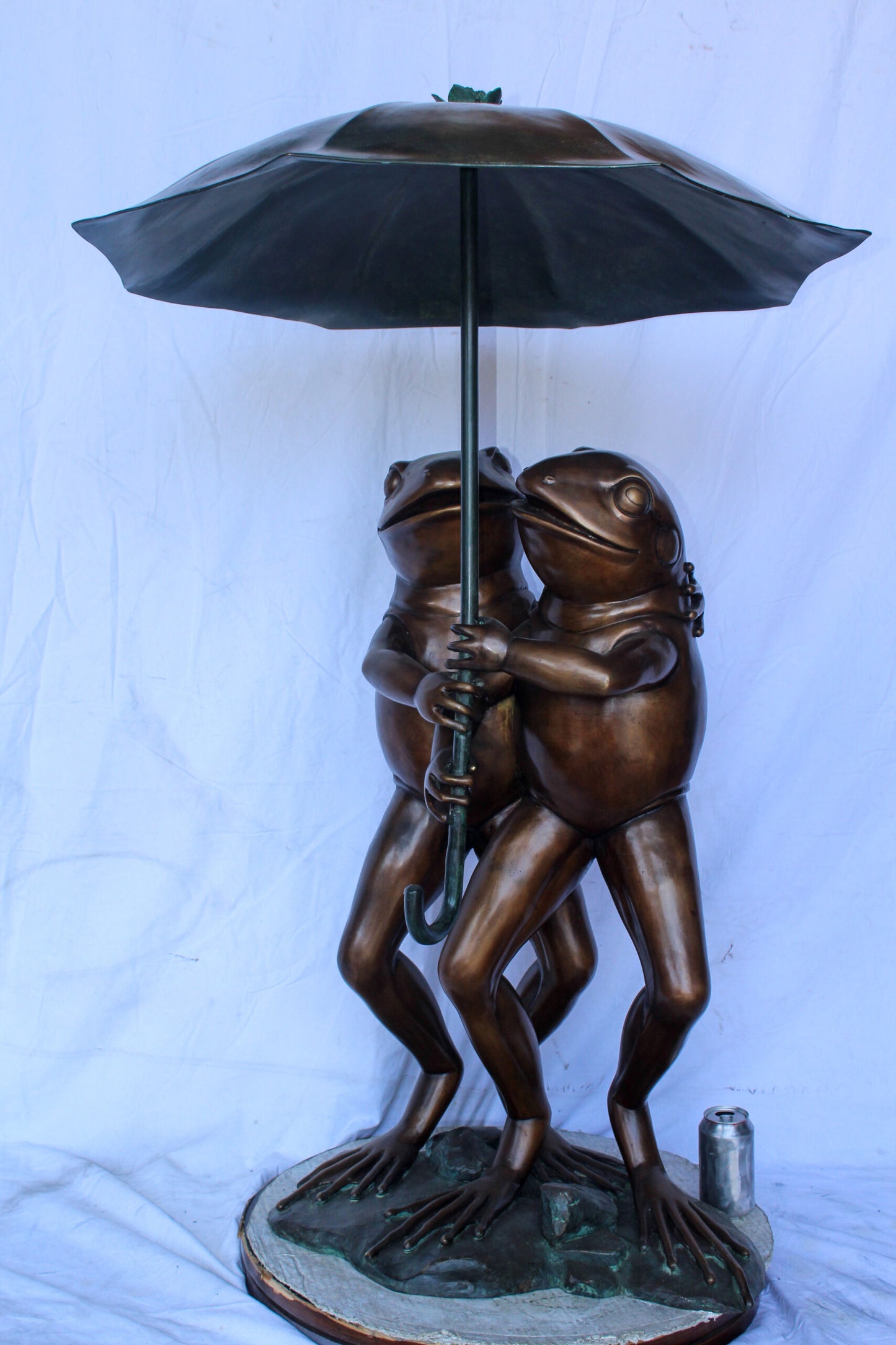 Bronze Fountain, Two Frogs with Umbrella, Playful Garden Decor 33" x 33" x 51"H