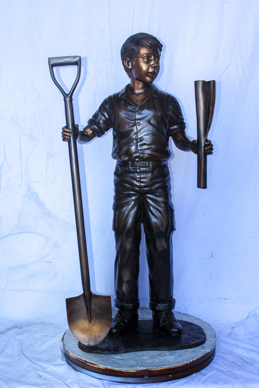 A Boy with Shovel, Charming Garden Bronze Statue 24" x 15" x 27"H