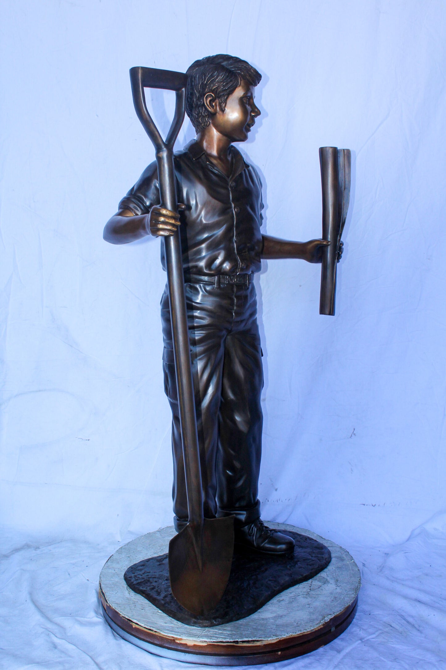 A Boy with Shovel, Charming Garden Bronze Statue 24" x 15" x 27"H